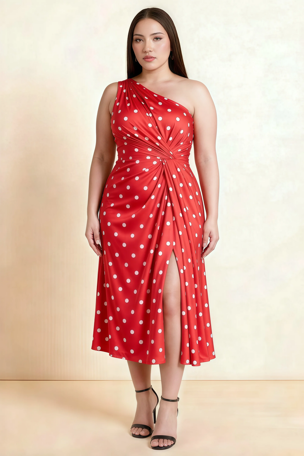 Alexa Red Polka Dot One Shoulder Midi Dress with Slit