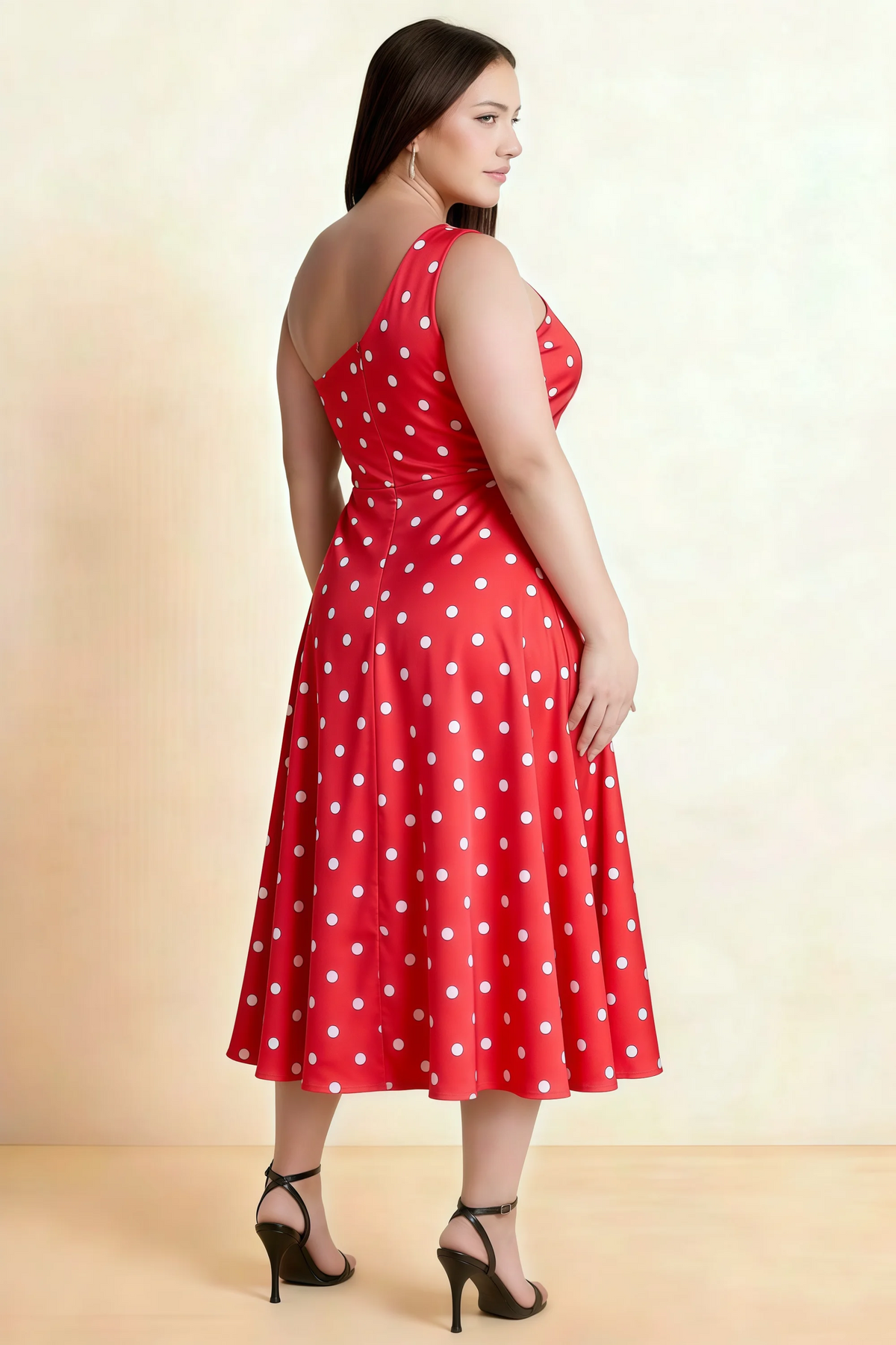 Alexa Red Polka Dot One Shoulder Midi Dress with Slit