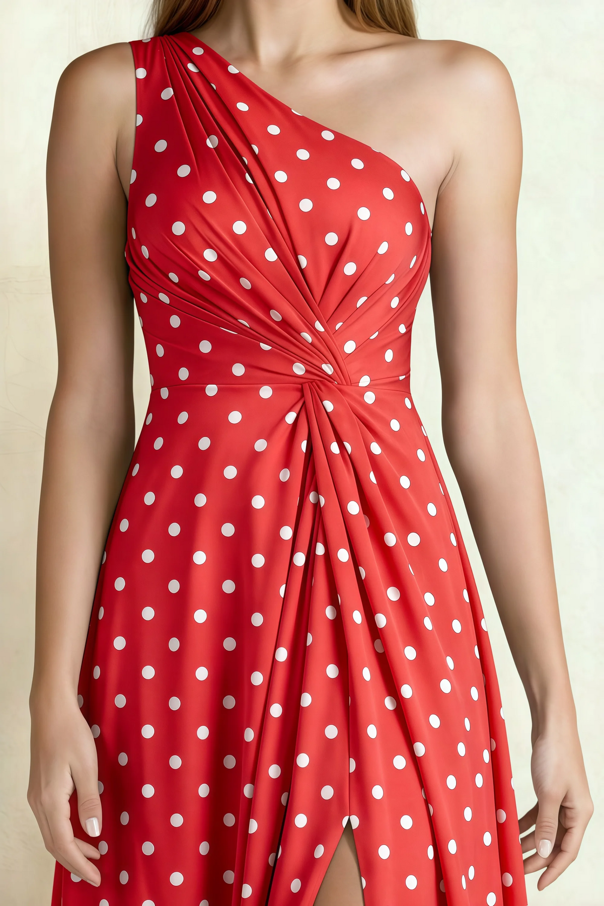 Alexa Red Polka Dot One Shoulder Midi Dress with Slit
