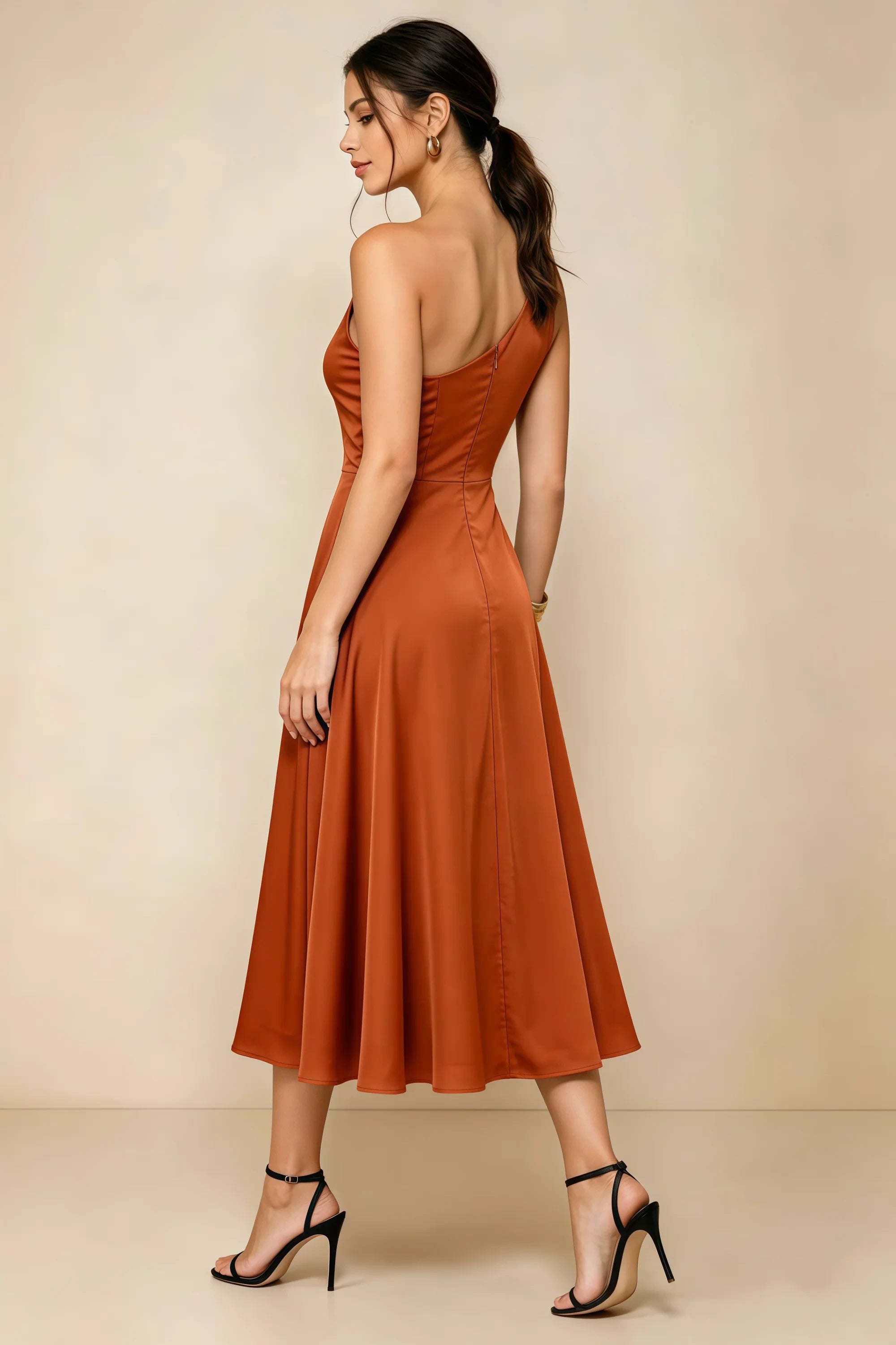 Alexa Rust Satin One Shoulder Midi Dress with Slit Imagen secundaria del producto