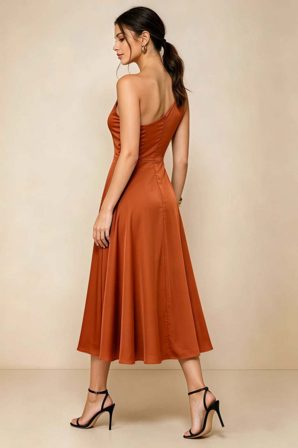 Alexa Rust Satin One Shoulder Midi Dress with Slit