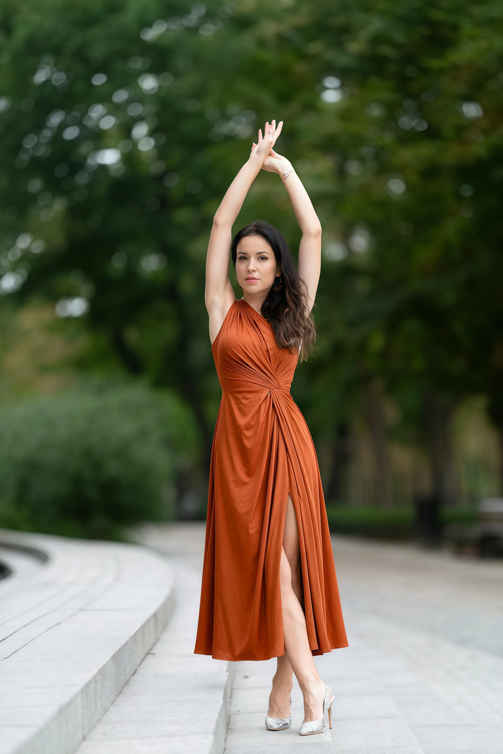 Alexa Rust Satin One Shoulder Midi Dress with Slit