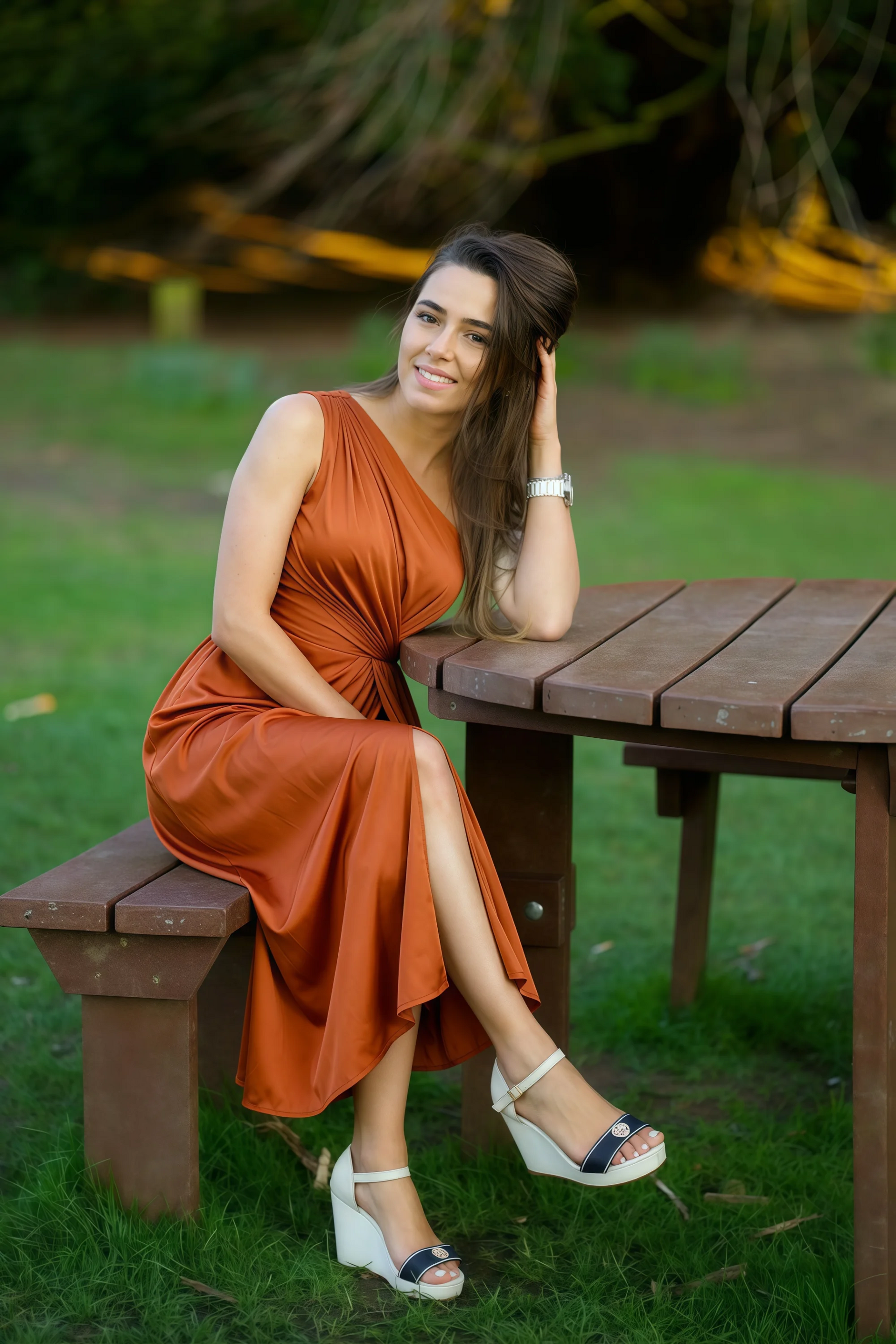 Alexa Rust Satin One Shoulder Midi Dress with Slit