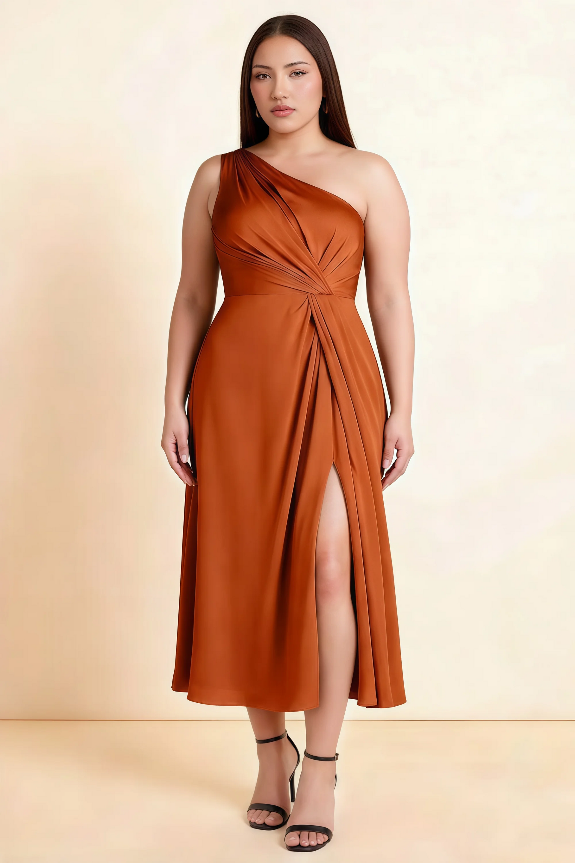 Alexa Rust Satin One Shoulder Midi Dress with Slit