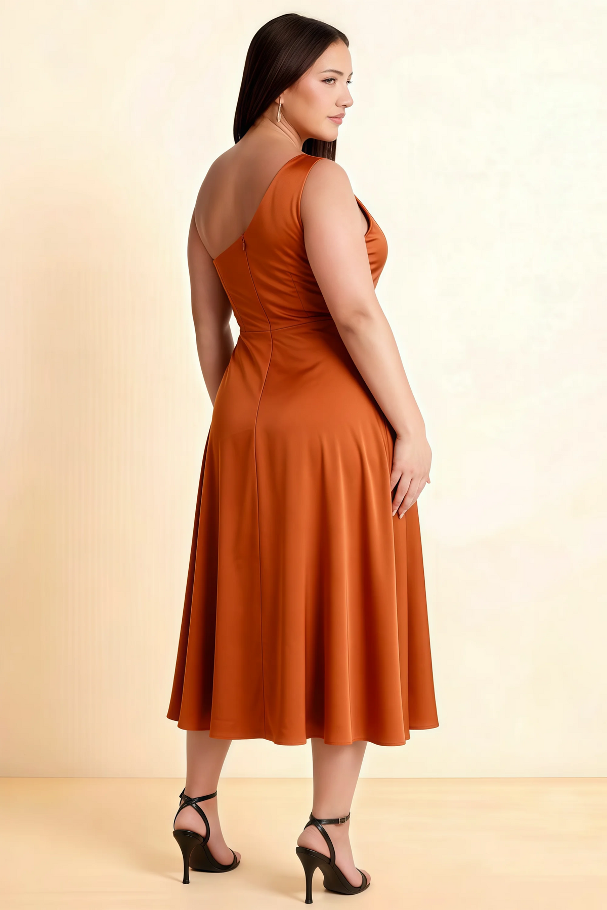 Alexa Rust Satin One Shoulder Midi Dress with Slit