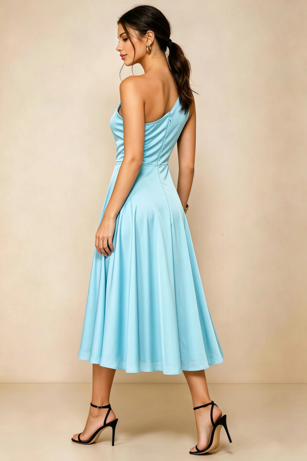 Alexa Sky Blue Satin One Shoulder Midi Dress with Slit