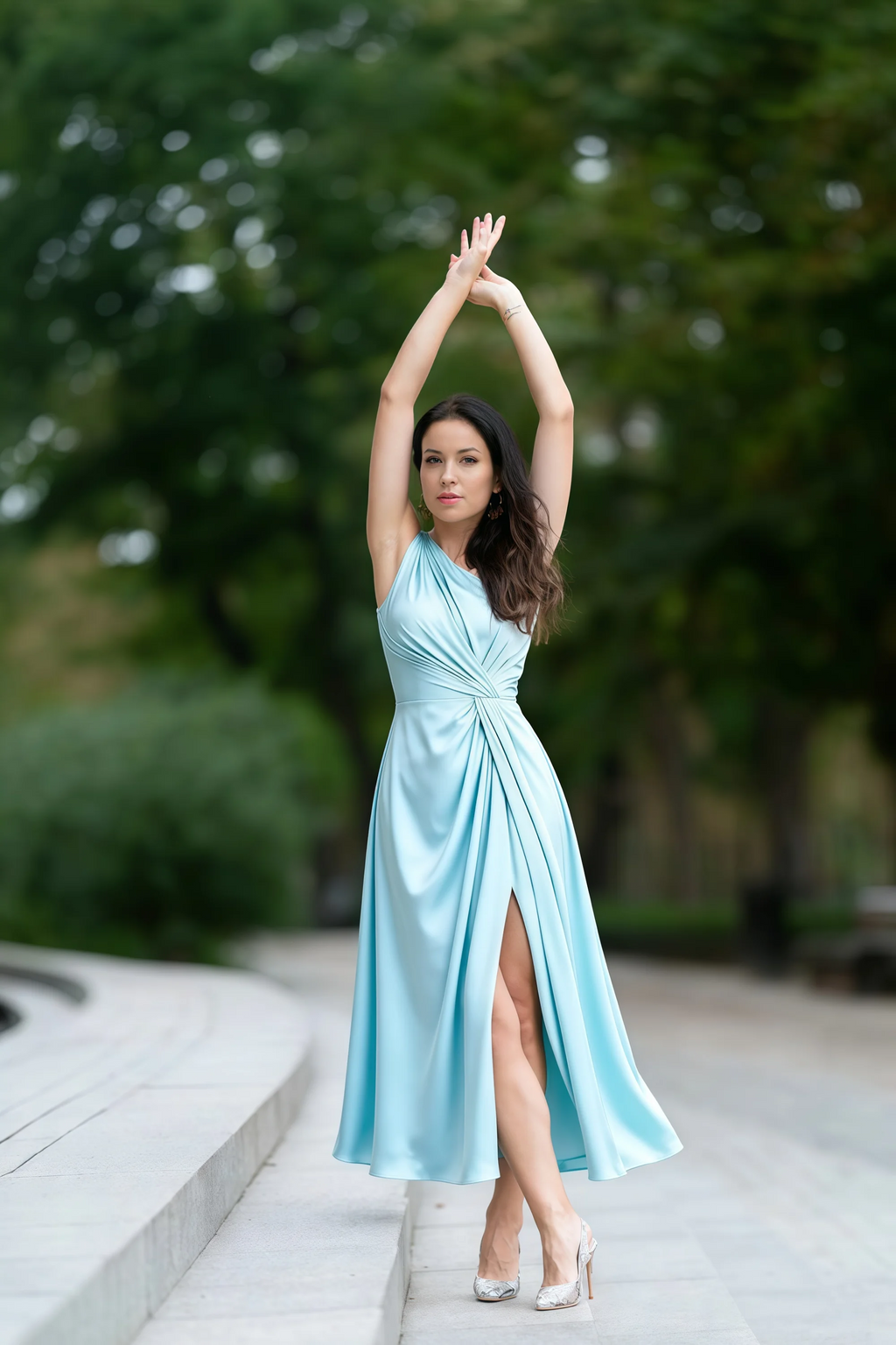 Alexa Sky Blue Satin One Shoulder Midi Dress with Slit