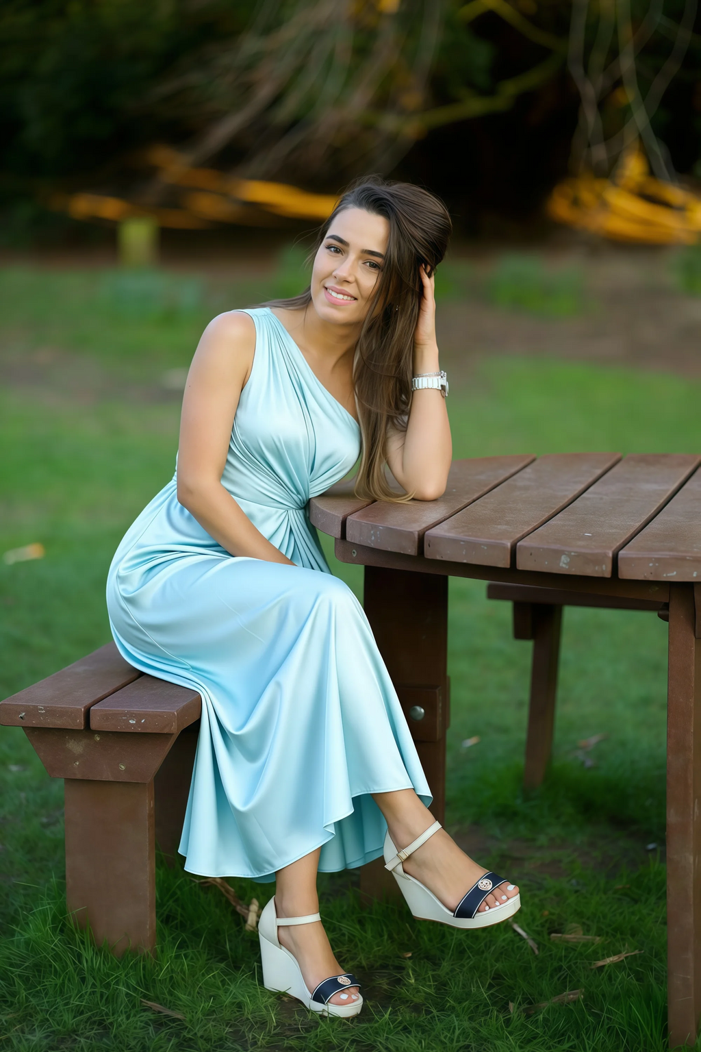 Alexa Sky Blue Satin One Shoulder Midi Dress with Slit
