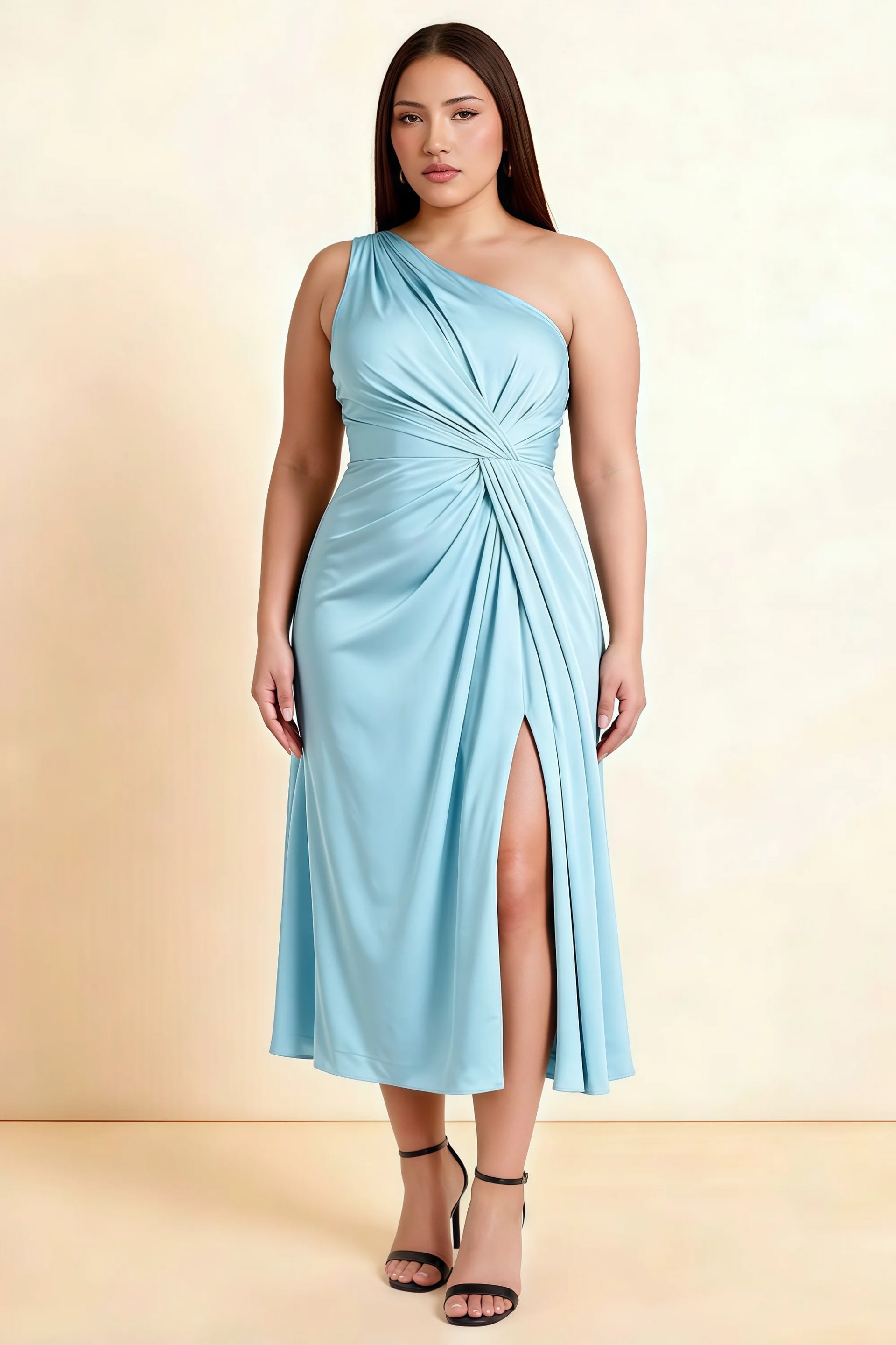 Alexa Sky Blue Satin One Shoulder Midi Dress with Slit