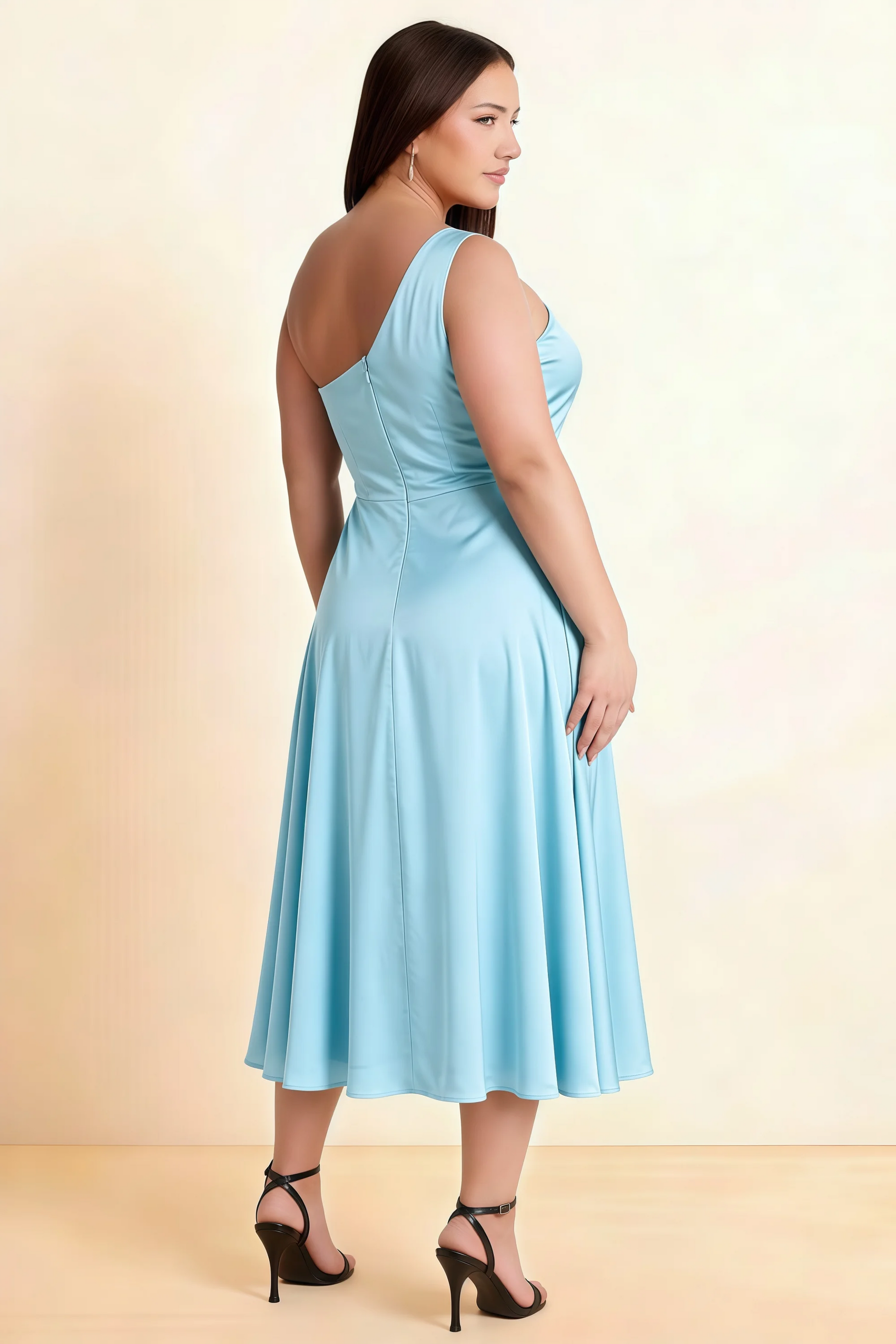 Alexa Sky Blue Satin One Shoulder Midi Dress with Slit