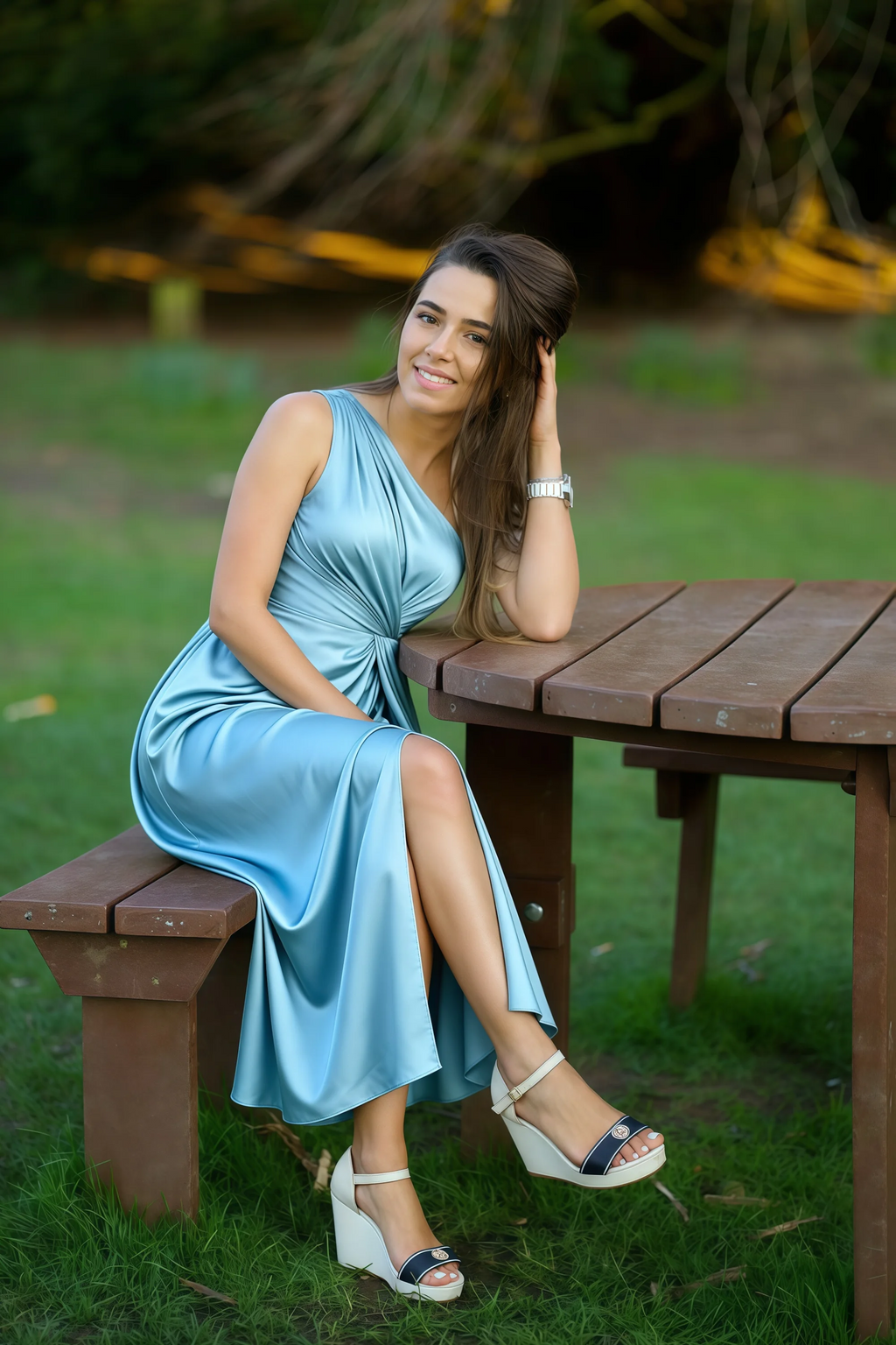 Alexa Steel Blue Satin One Shoulder Midi Dress with Slit