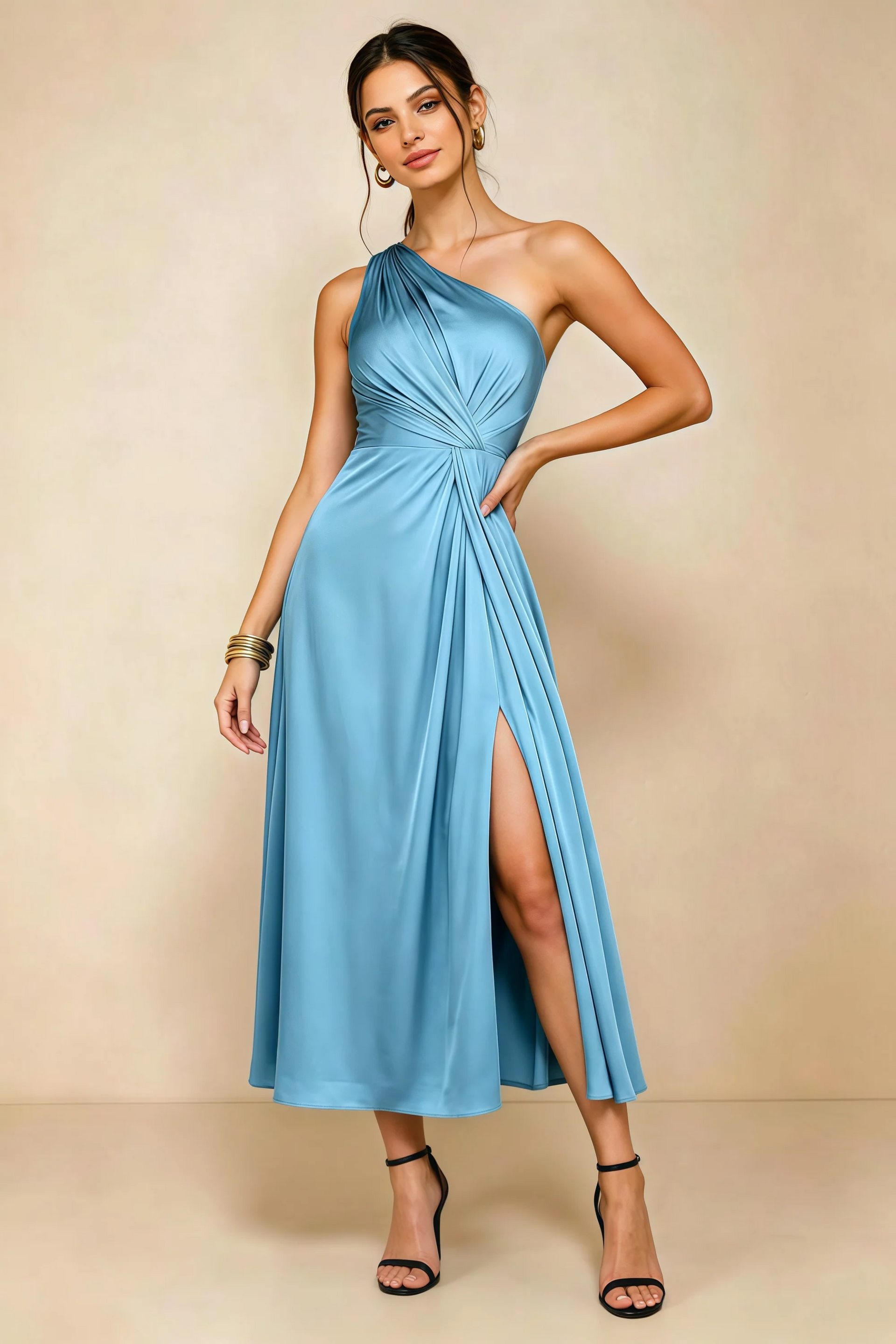 Alexa Steel Blue Satin One Shoulder Midi Dress with Slit