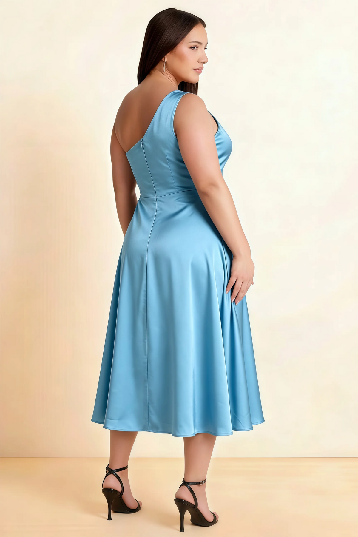 Alexa Steel Blue Satin One Shoulder Midi Dress with Slit