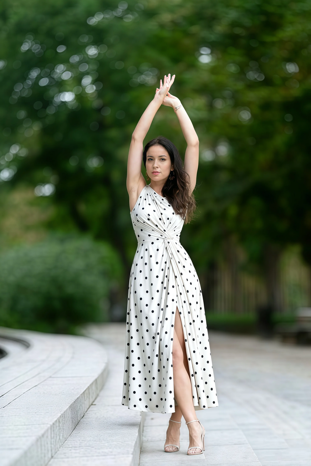 Alexa White Polka Dot One Shoulder Midi Dress with Slit