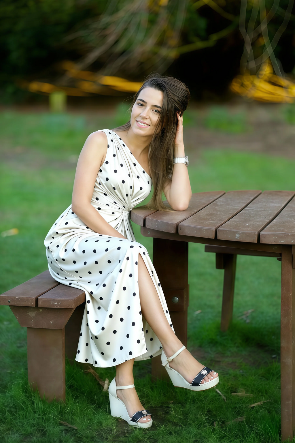 Alexa White Polka Dot One Shoulder Midi Dress with Slit