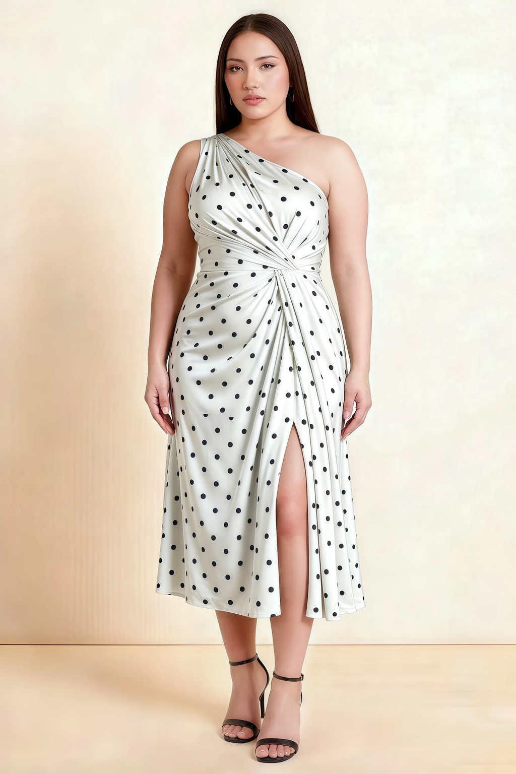 Alexa White Polka Dot One Shoulder Midi Dress with Slit