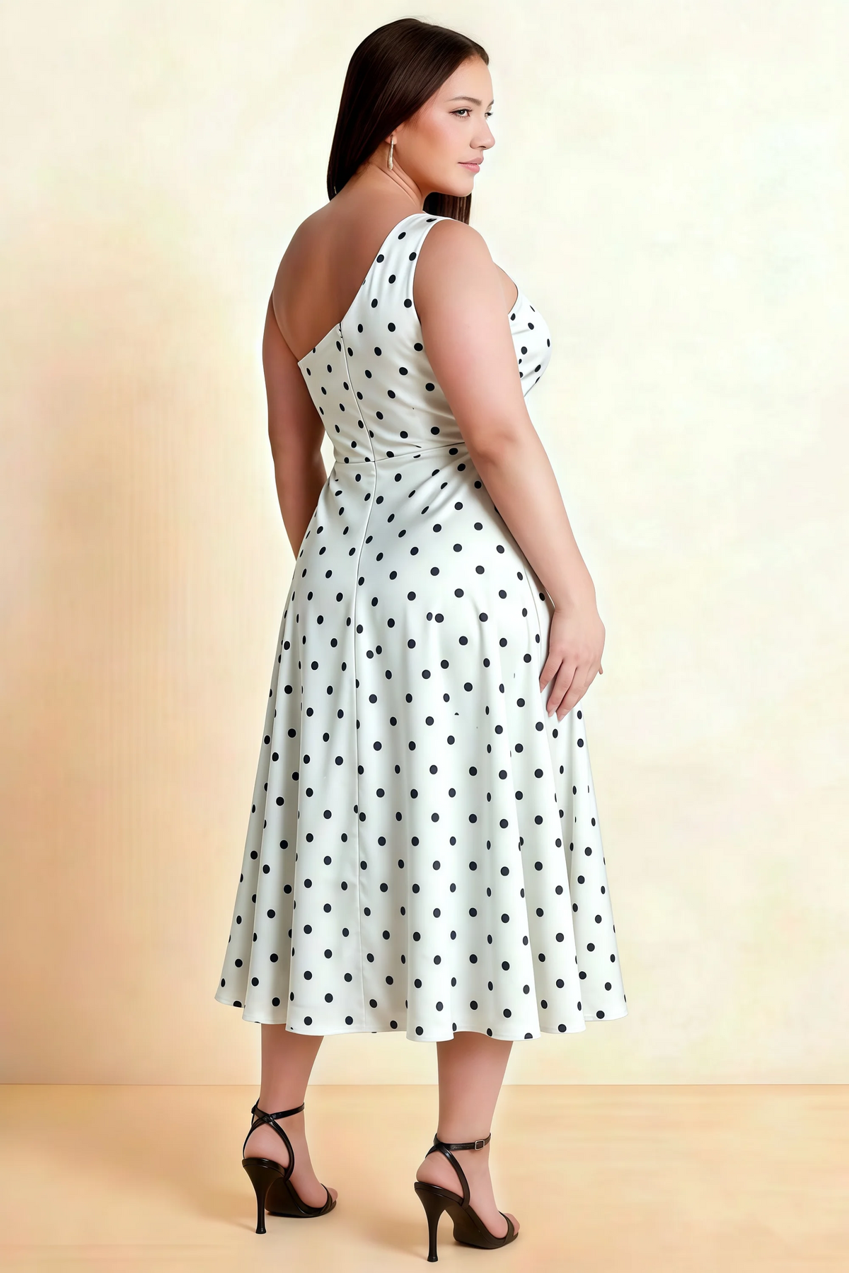 Alexa White Polka Dot One Shoulder Midi Dress with Slit