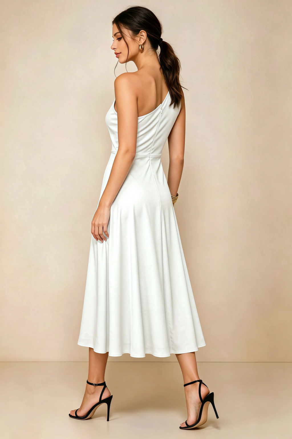 Alexa White Satin One Shoulder Midi Dress with Slit