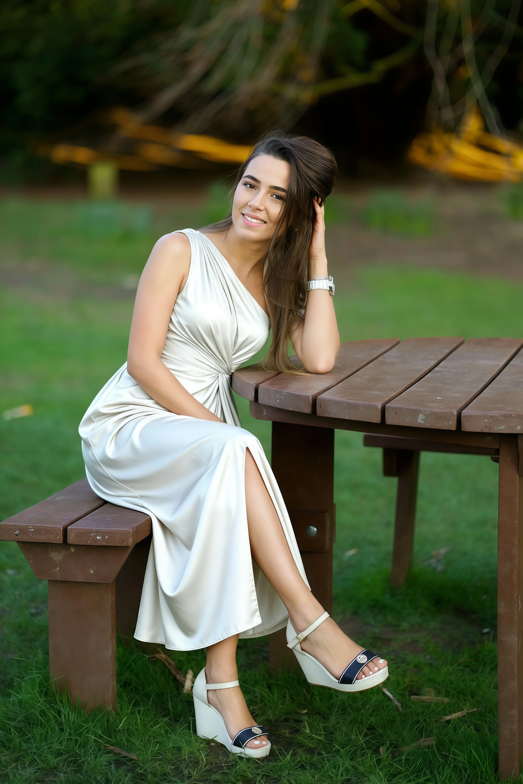 Alexa White Satin One Shoulder Midi Dress with Slit