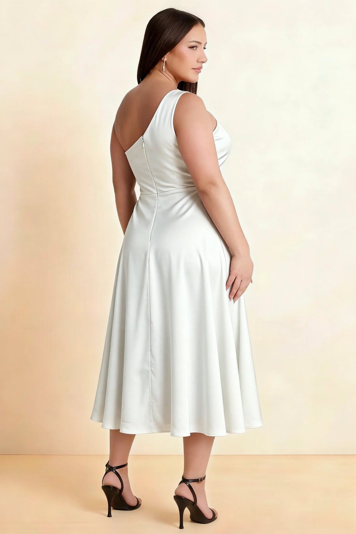 Alexa White Satin One Shoulder Midi Dress with Slit