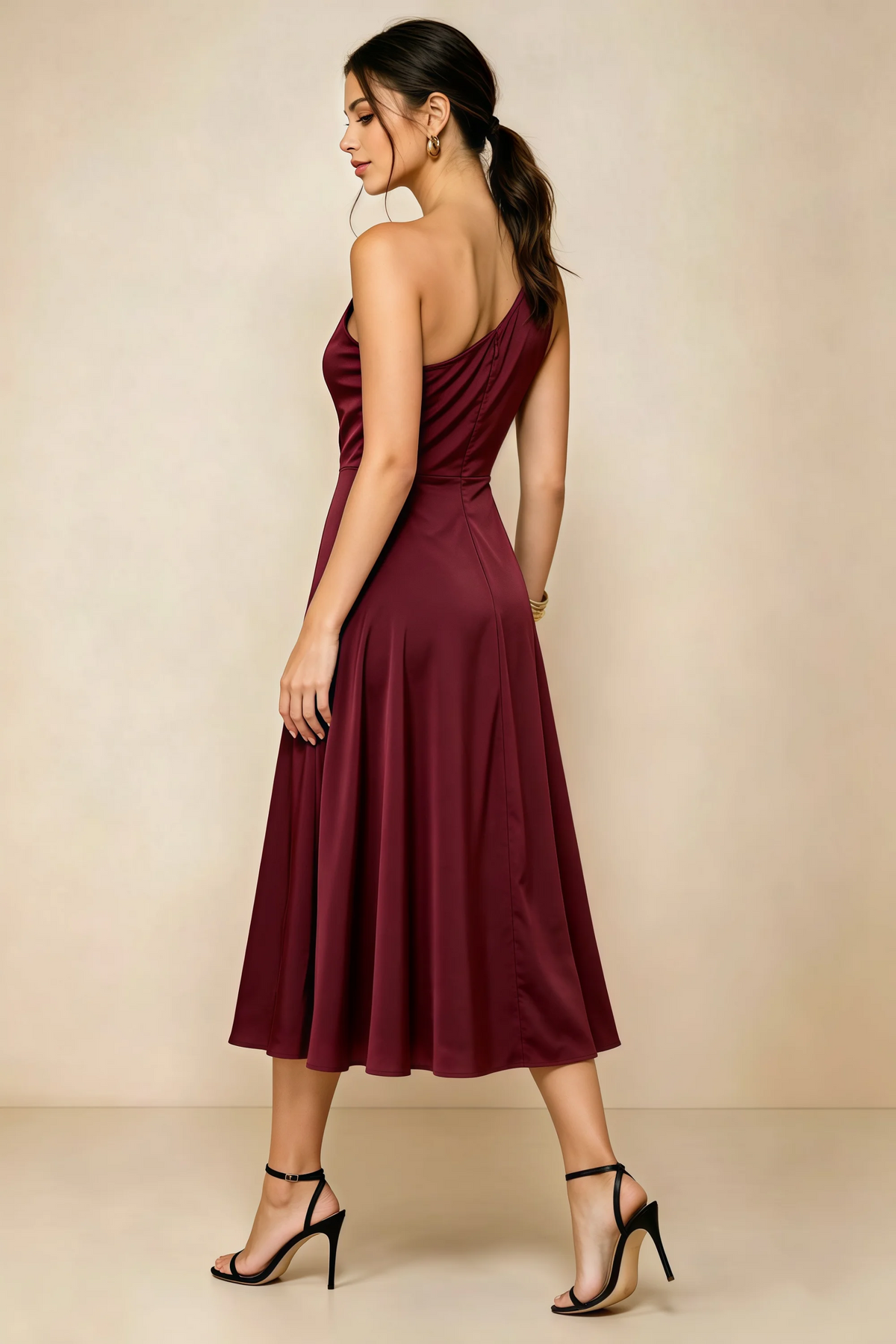 Alexa Wine Satin One Shoulder Midi Dress with Slit