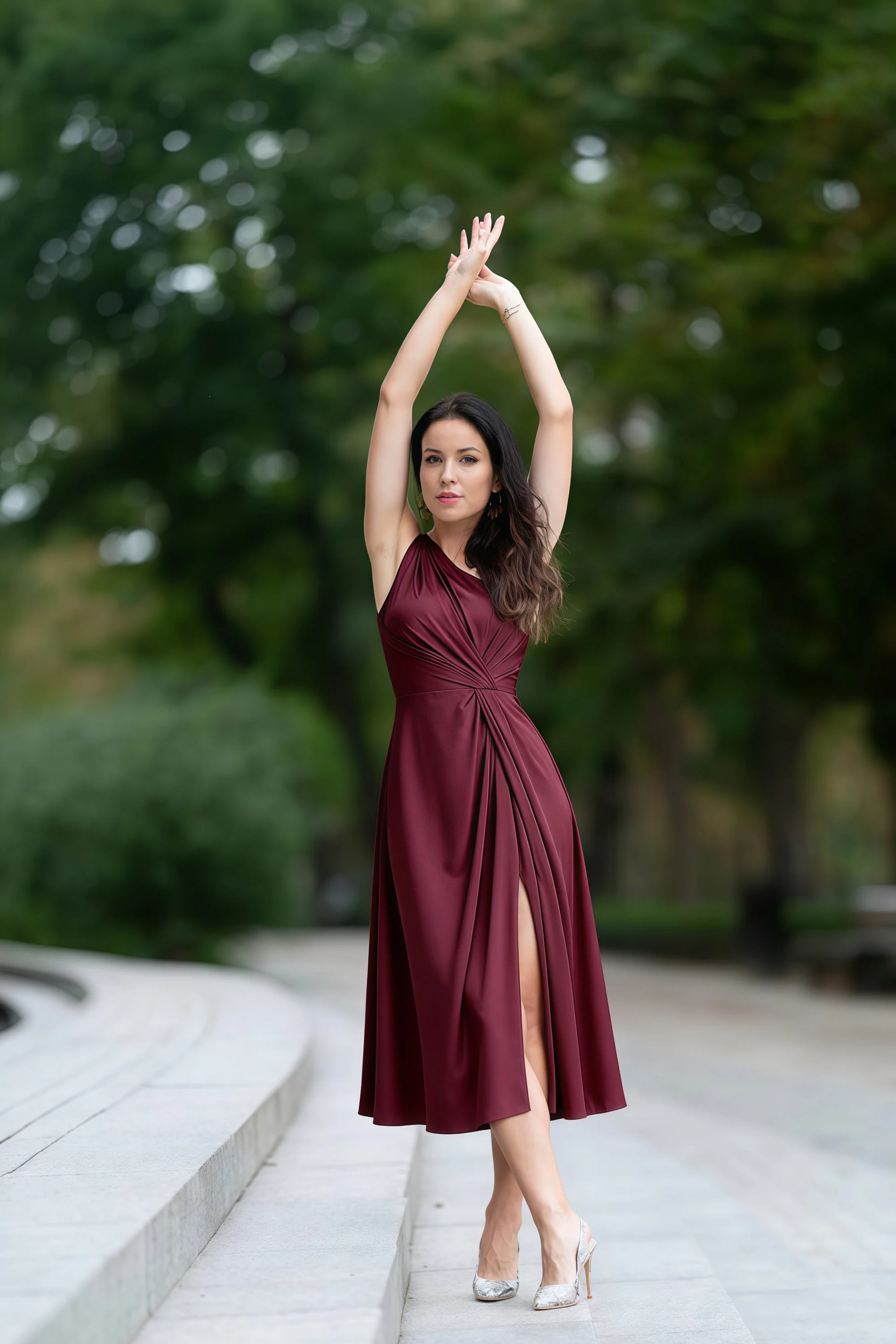 Alexa Wine Satin One Shoulder Midi Dress with Slit