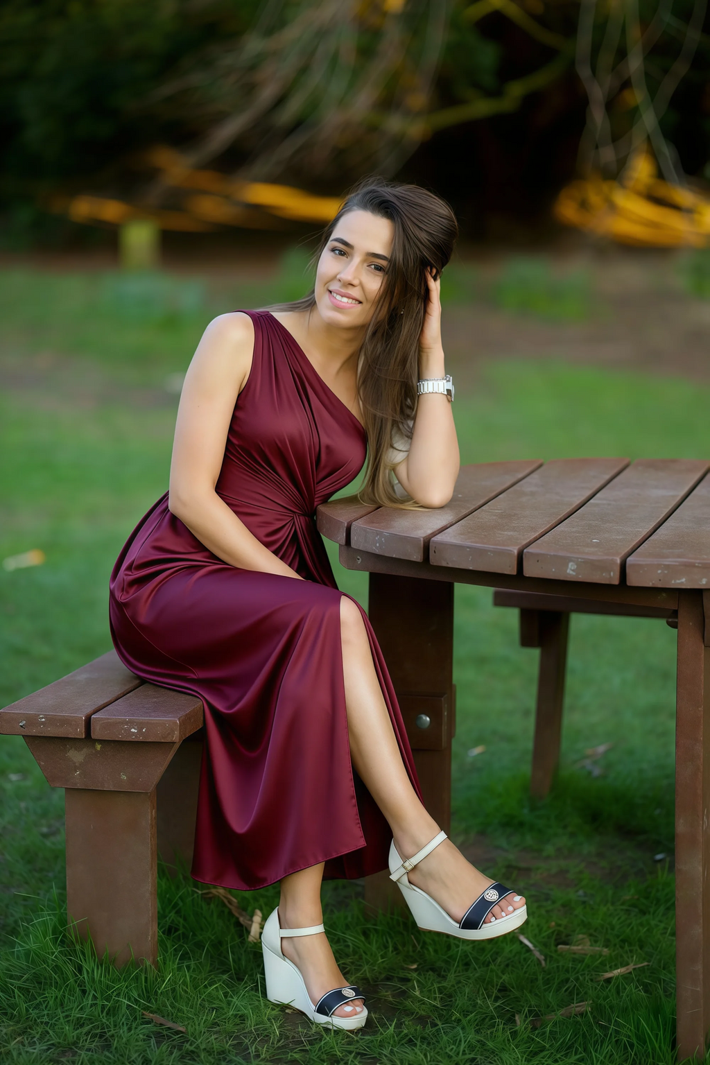 Alexa Wine Satin One Shoulder Midi Dress with Slit