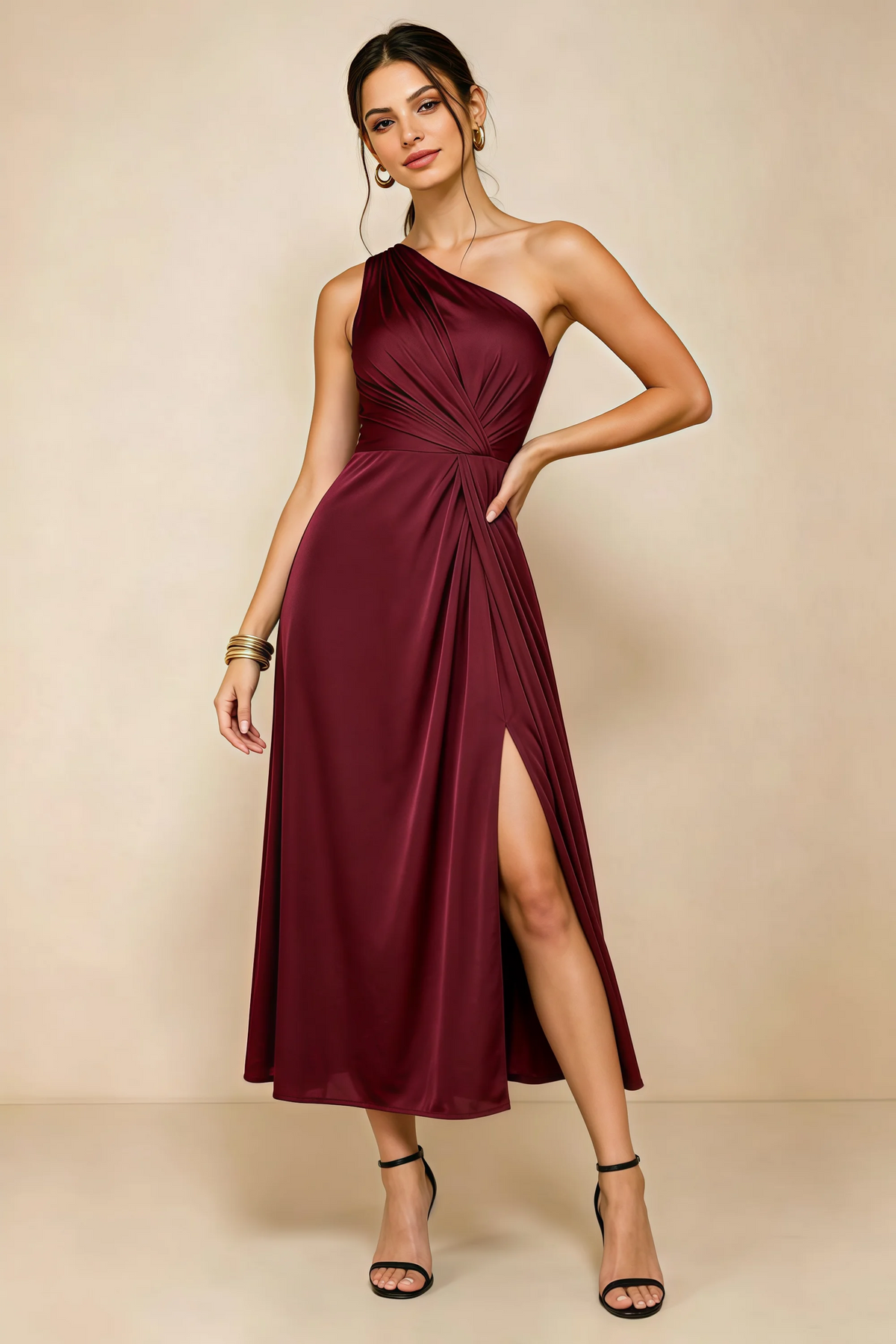 Alexa Wine Satin One Shoulder Midi Dress with Slit