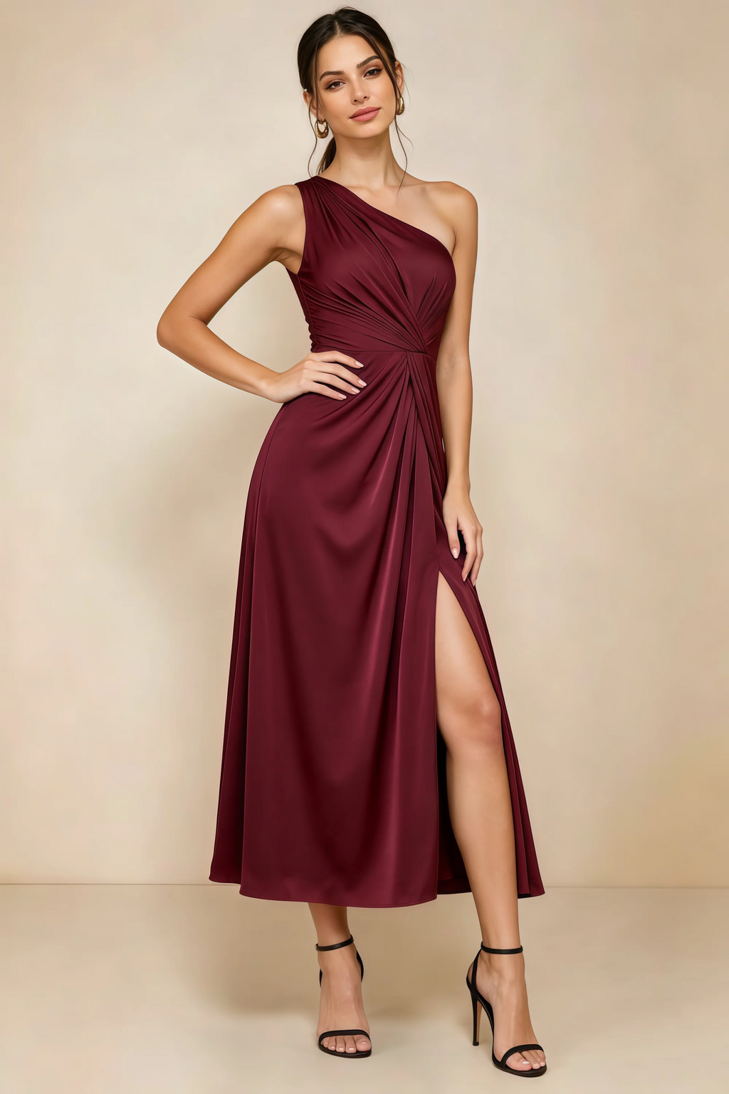 Alexa Wine Satin One Shoulder Midi Dress with Slit