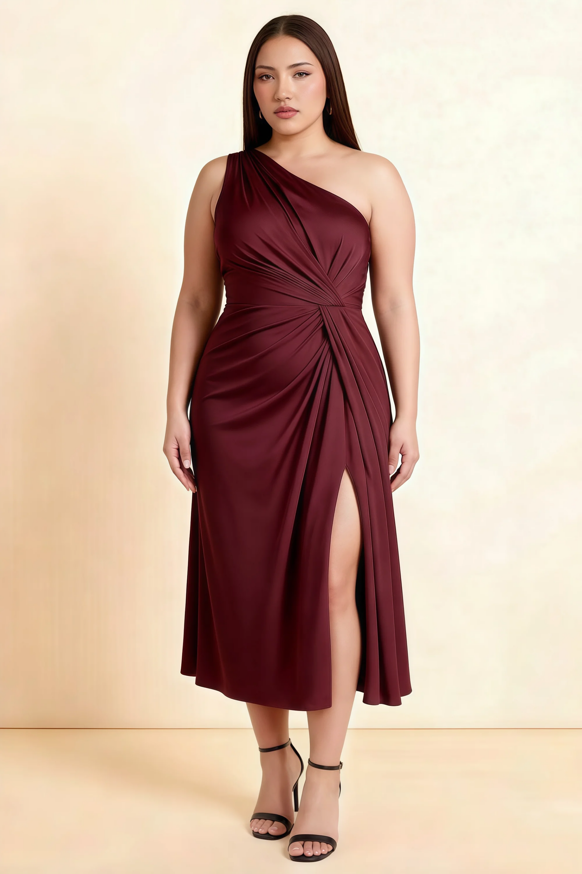 Alexa Wine Satin One Shoulder Midi Dress with Slit