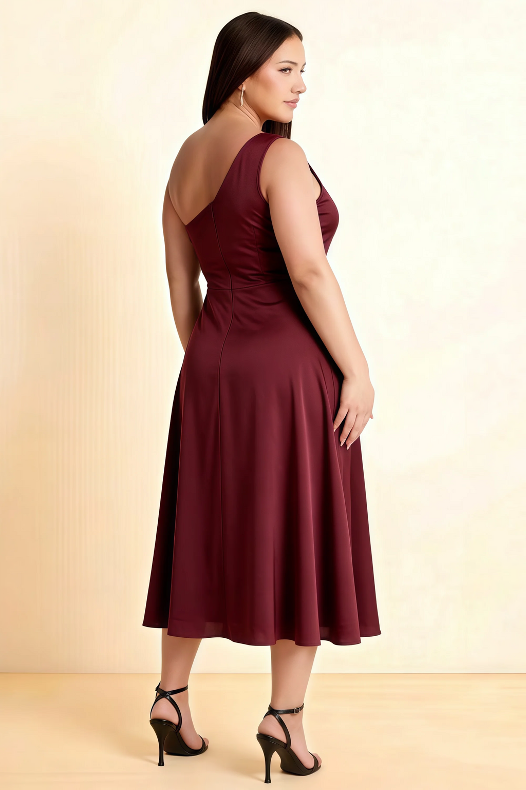 Alexa Wine Satin One Shoulder Midi Dress with Slit