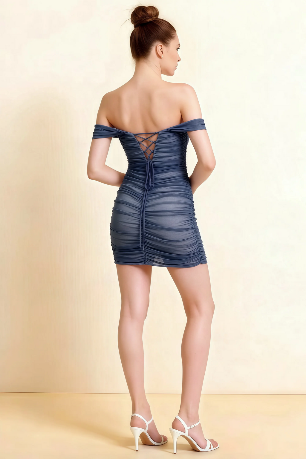 Alexandra Navy Bodycon Lace-up Mini Dress with Ruched