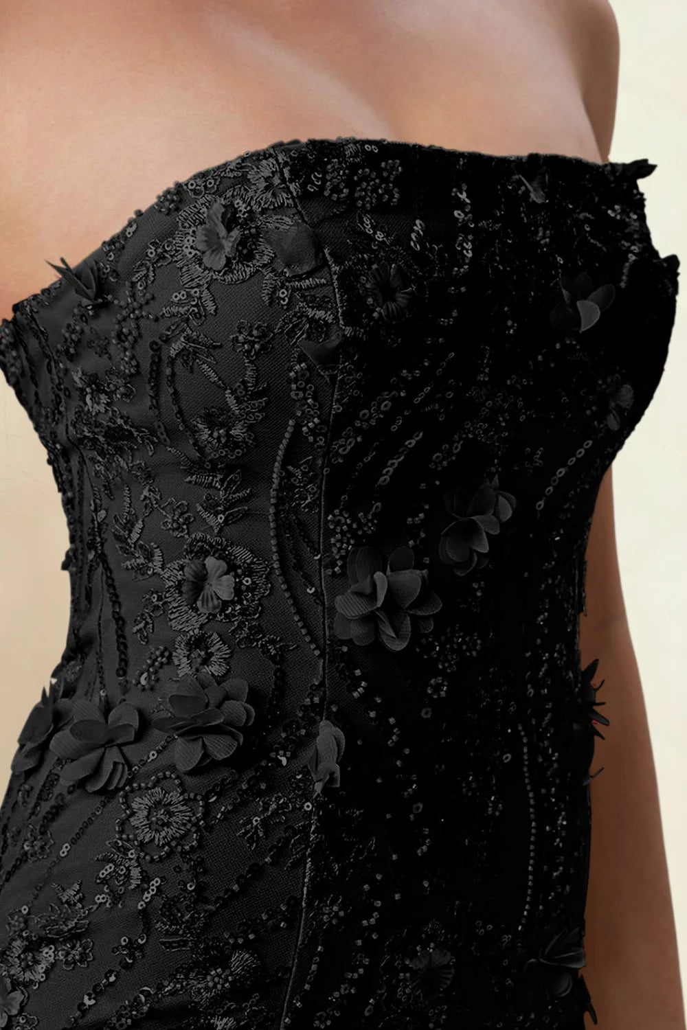Alexandria Black Bodycon Strapless Mini Dress with 3D Flower