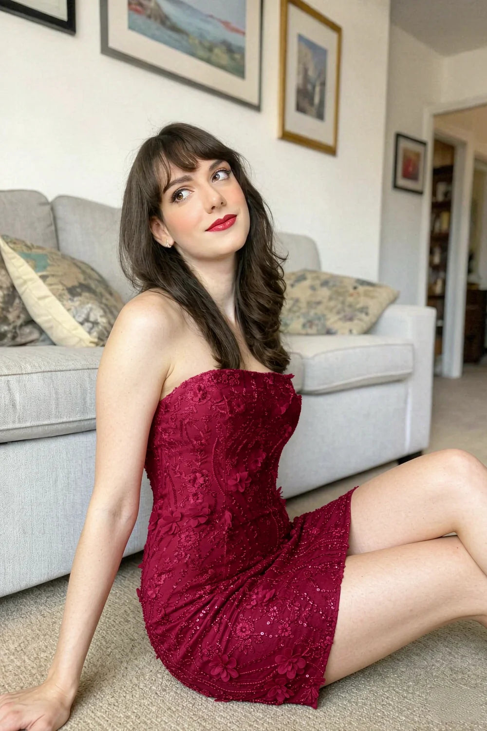 Alexandria Burgundy Bodycon Strapless Mini Dress with 3D Flower