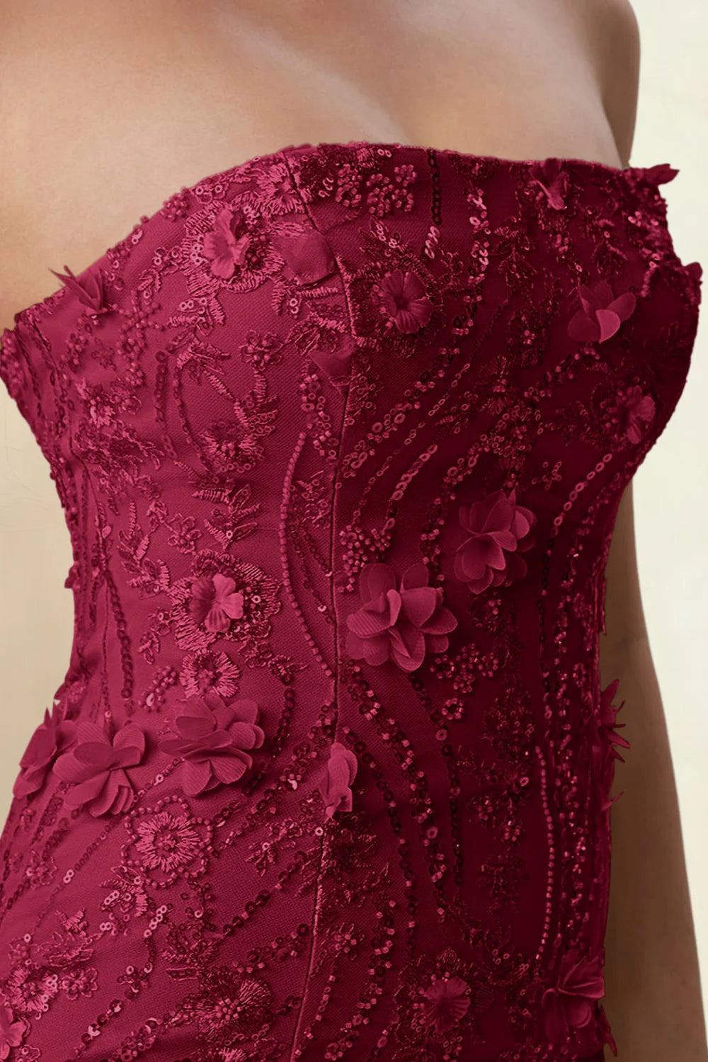 Alexandria Burgundy Bodycon Strapless Mini Dress with 3D Flower