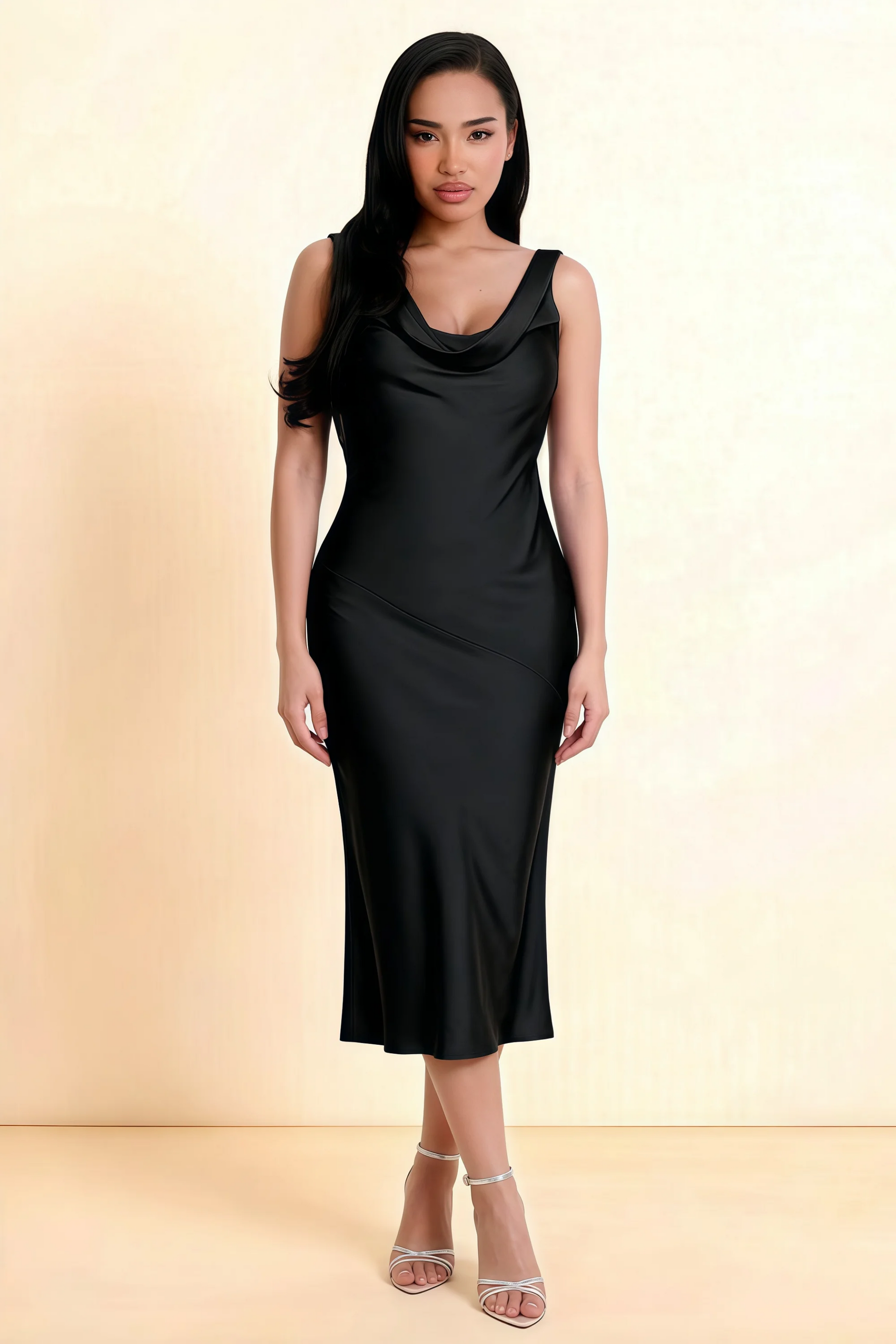 Alexis Black Satin Cowl Neck Tie-back Midi Dress
