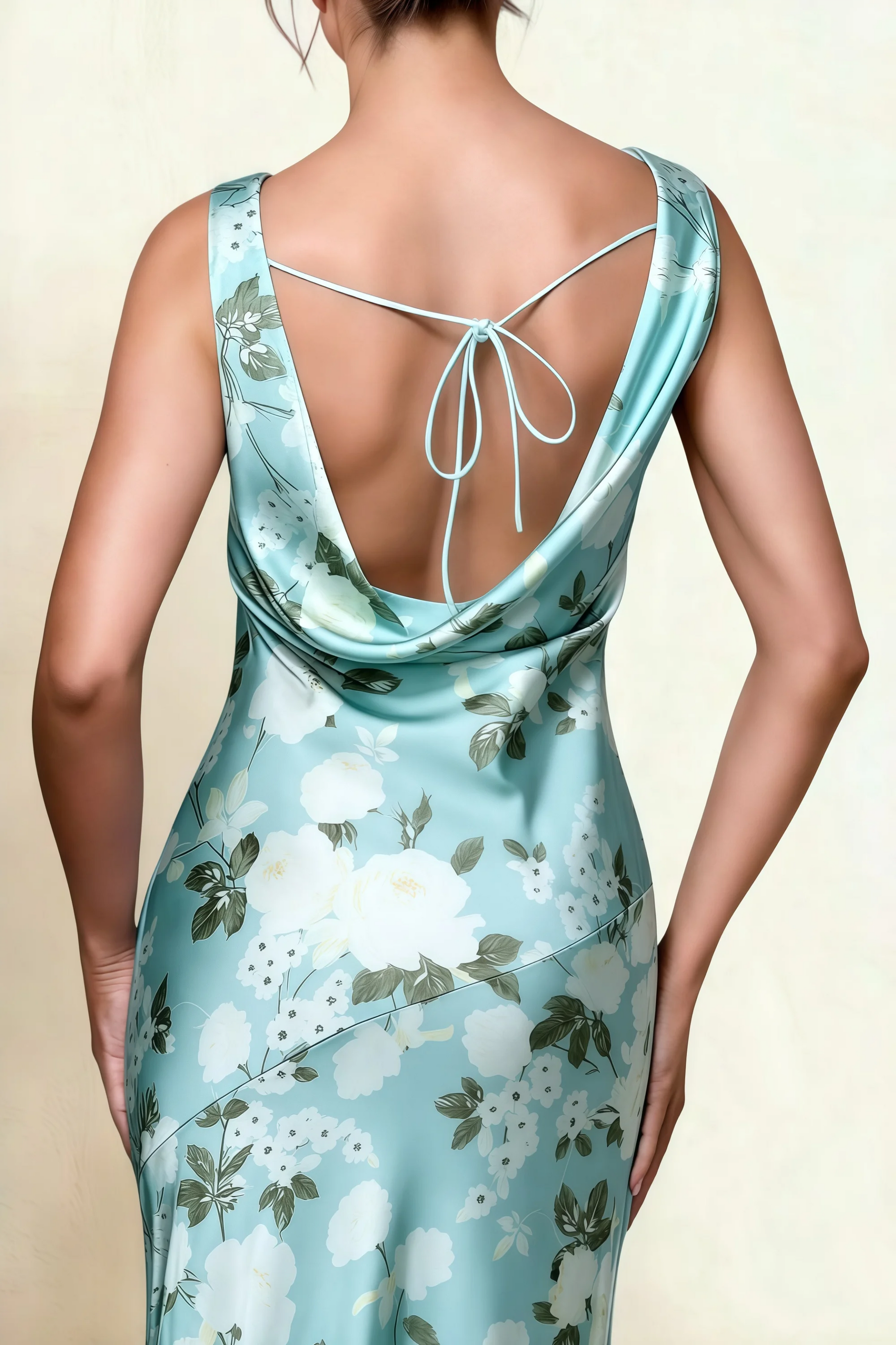 Alexis Blue Floral Cowl Neck Tie-back Midi Dress