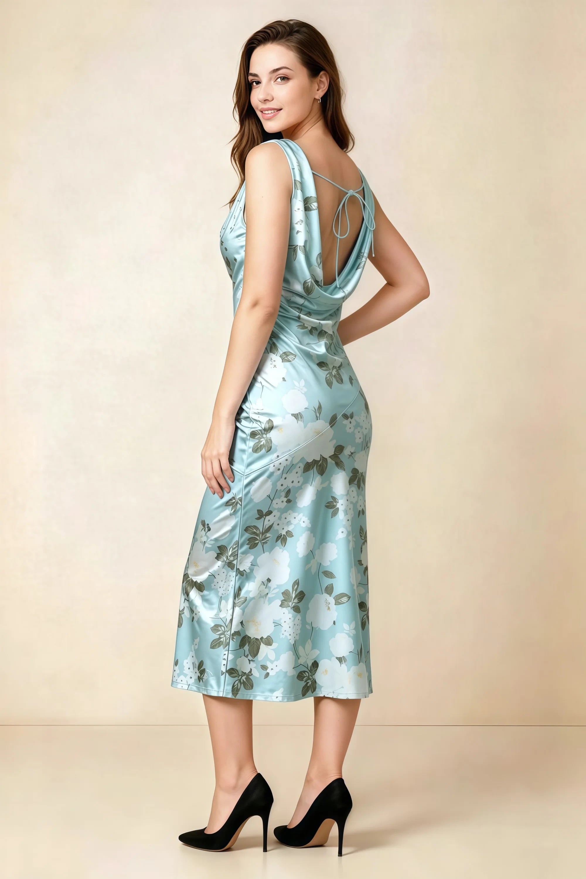 Alexis Blue Floral Cowl Neck Tie-back Midi Dress Secondary image