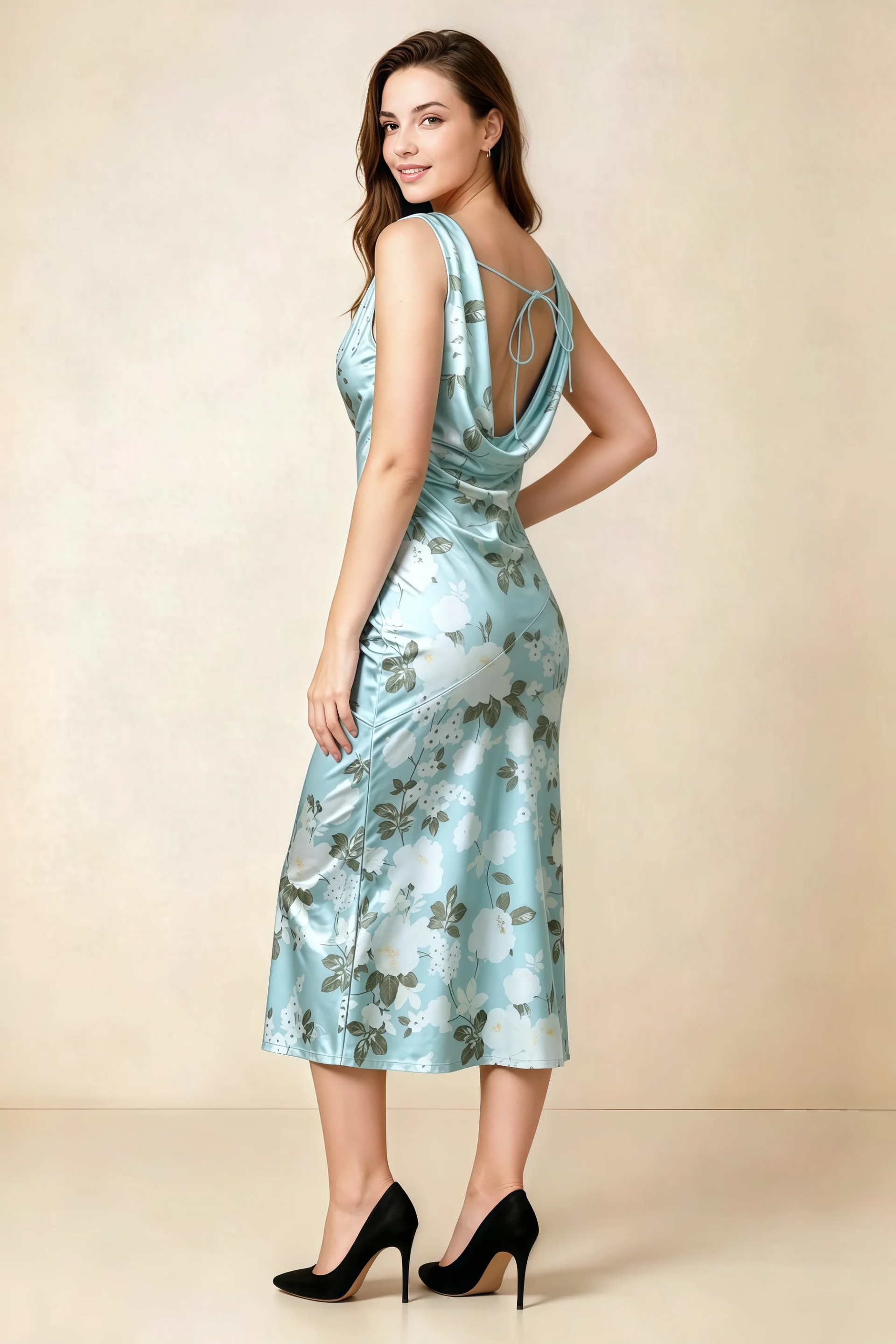 Alexis Blue Floral Cowl Neck Tie-back Midi Dress