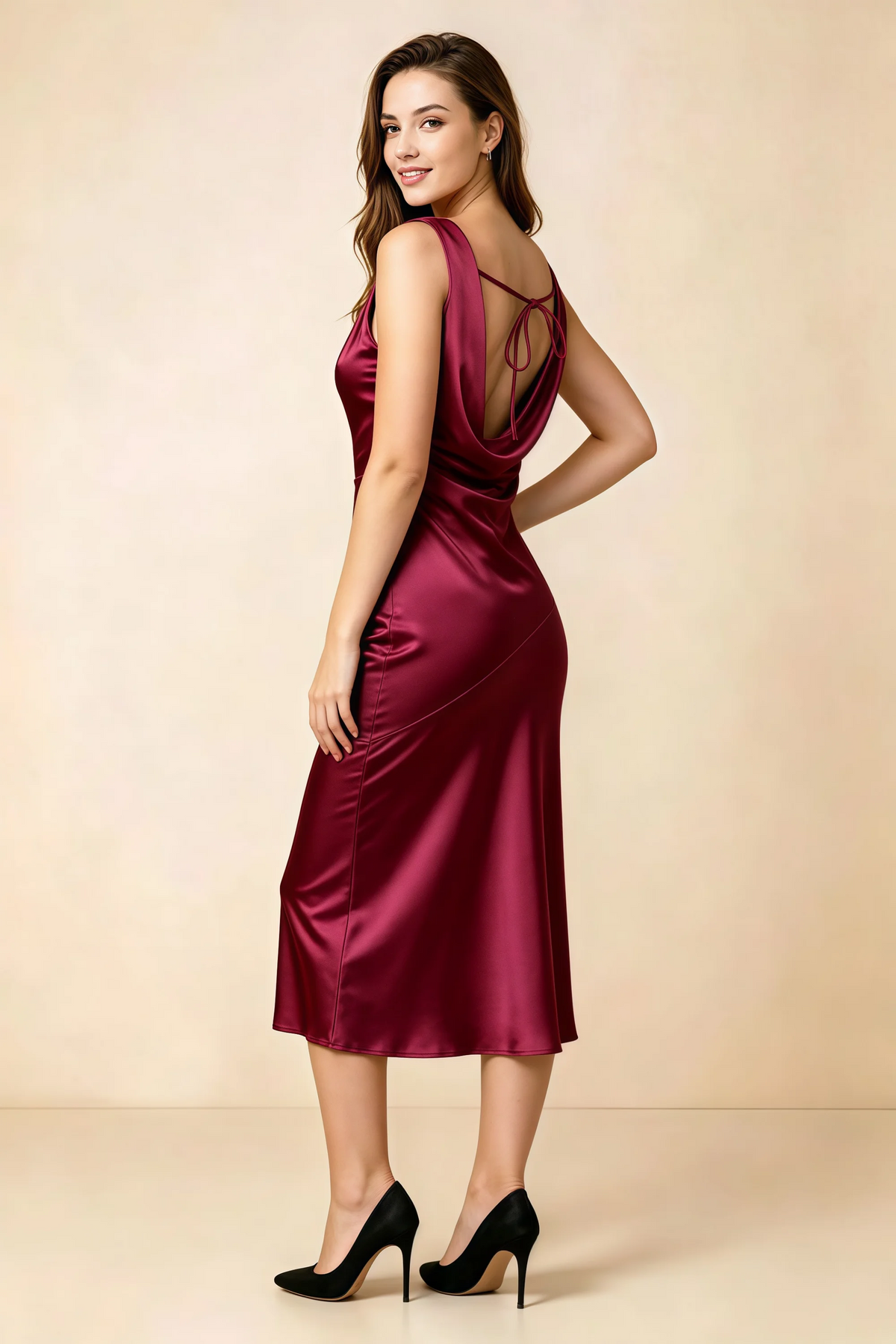 Alexis Burgundy Satin Cowl Neck Tie-back Midi Dress