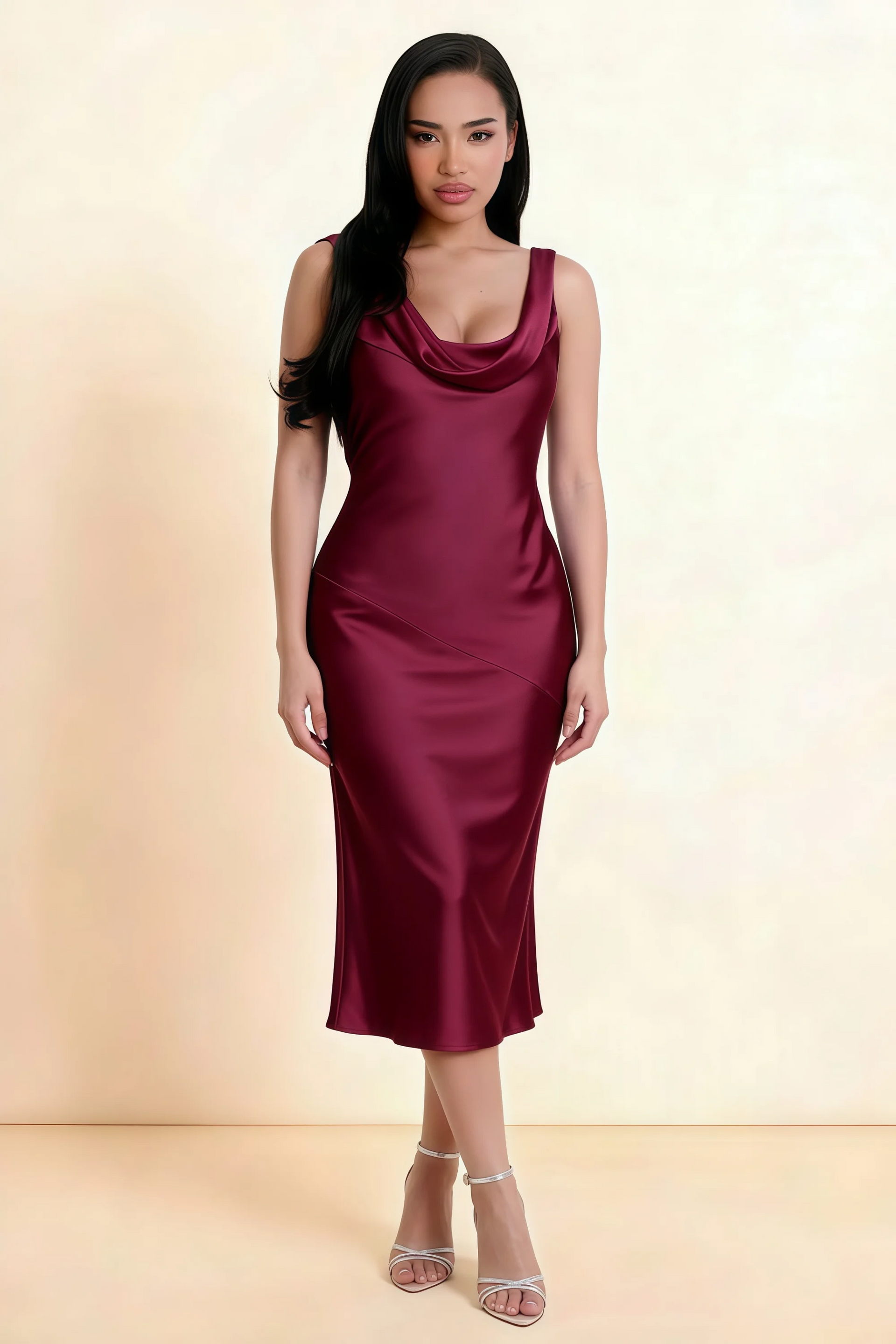 Alexis Burgundy Satin Cowl Neck Tie-back Midi Dress