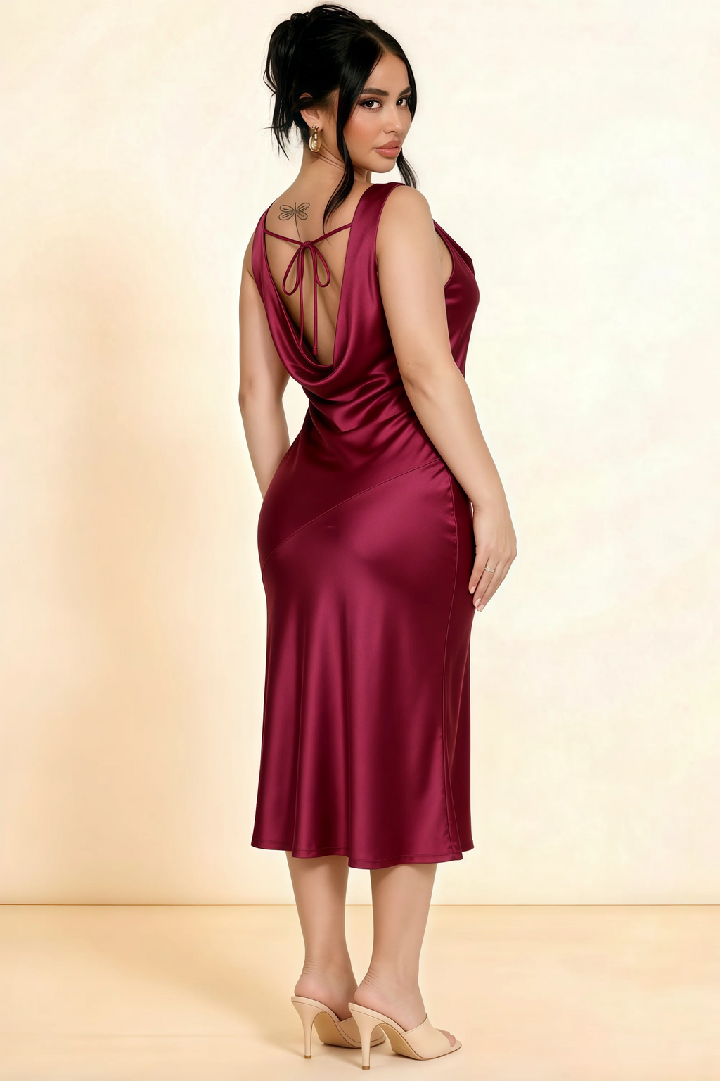 Alexis Burgundy Satin Cowl Neck Tie-back Midi Dress