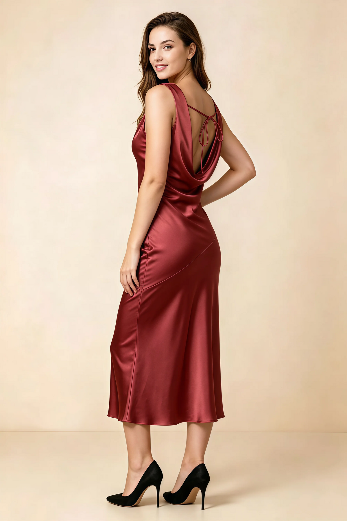 Alexis Burnt Umber Satin Cowl Neck Tie-back Midi Dress