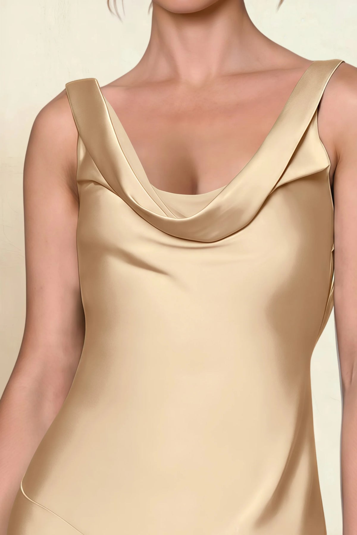 Alexis Champagne Satin Cowl Neck Tie-back Midi Dress