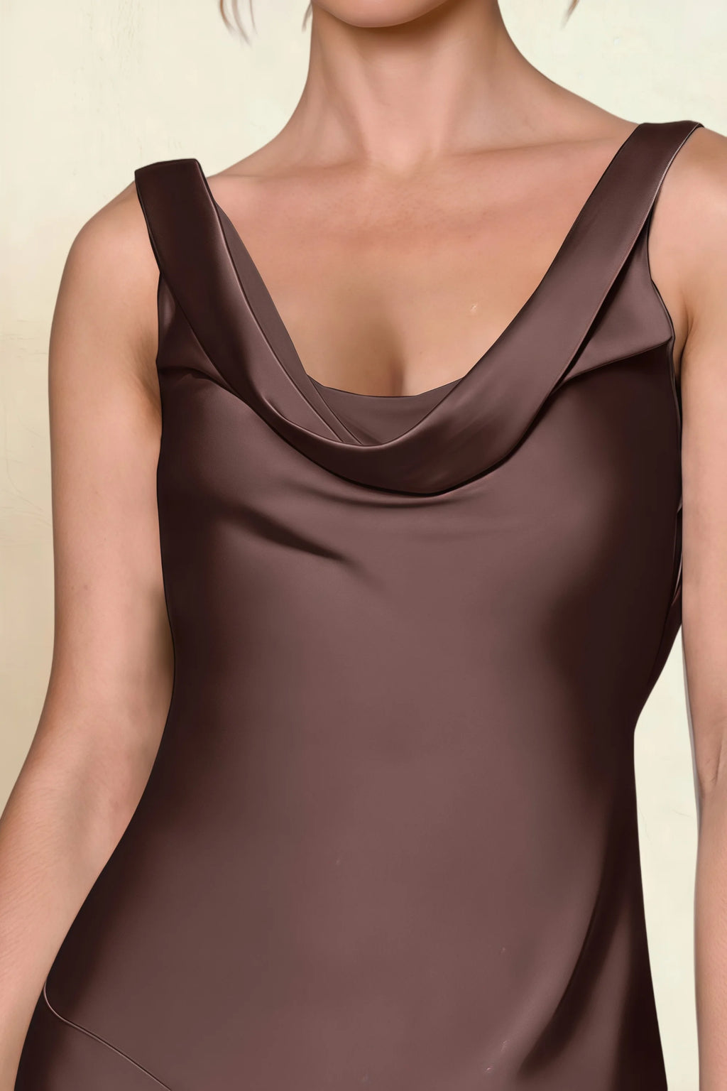 Alexis Chocolate Brown Satin Cowl Neck Tie-back Midi Dress