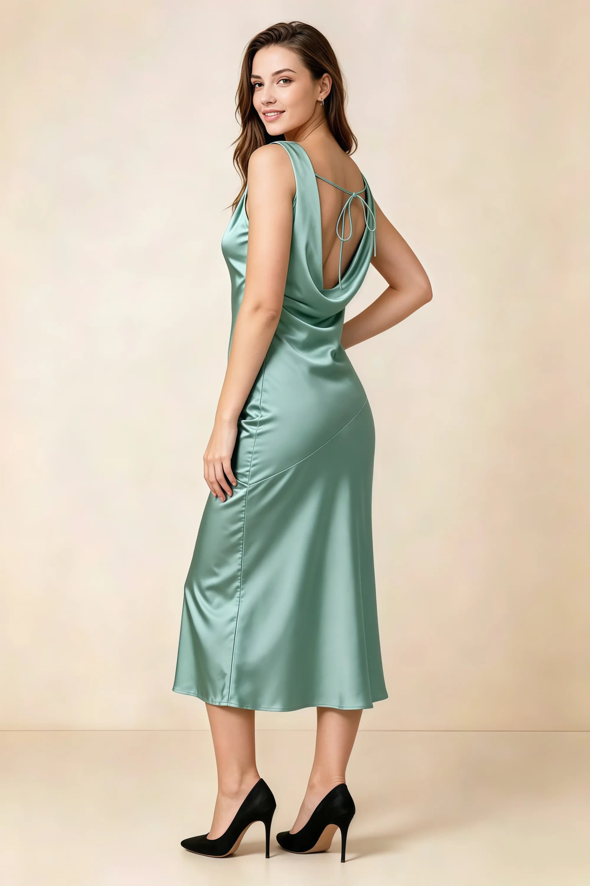 Alexis Dusty Sage Satin Cowl Neck Tie-back Midi Dress Imagen secundaria del producto