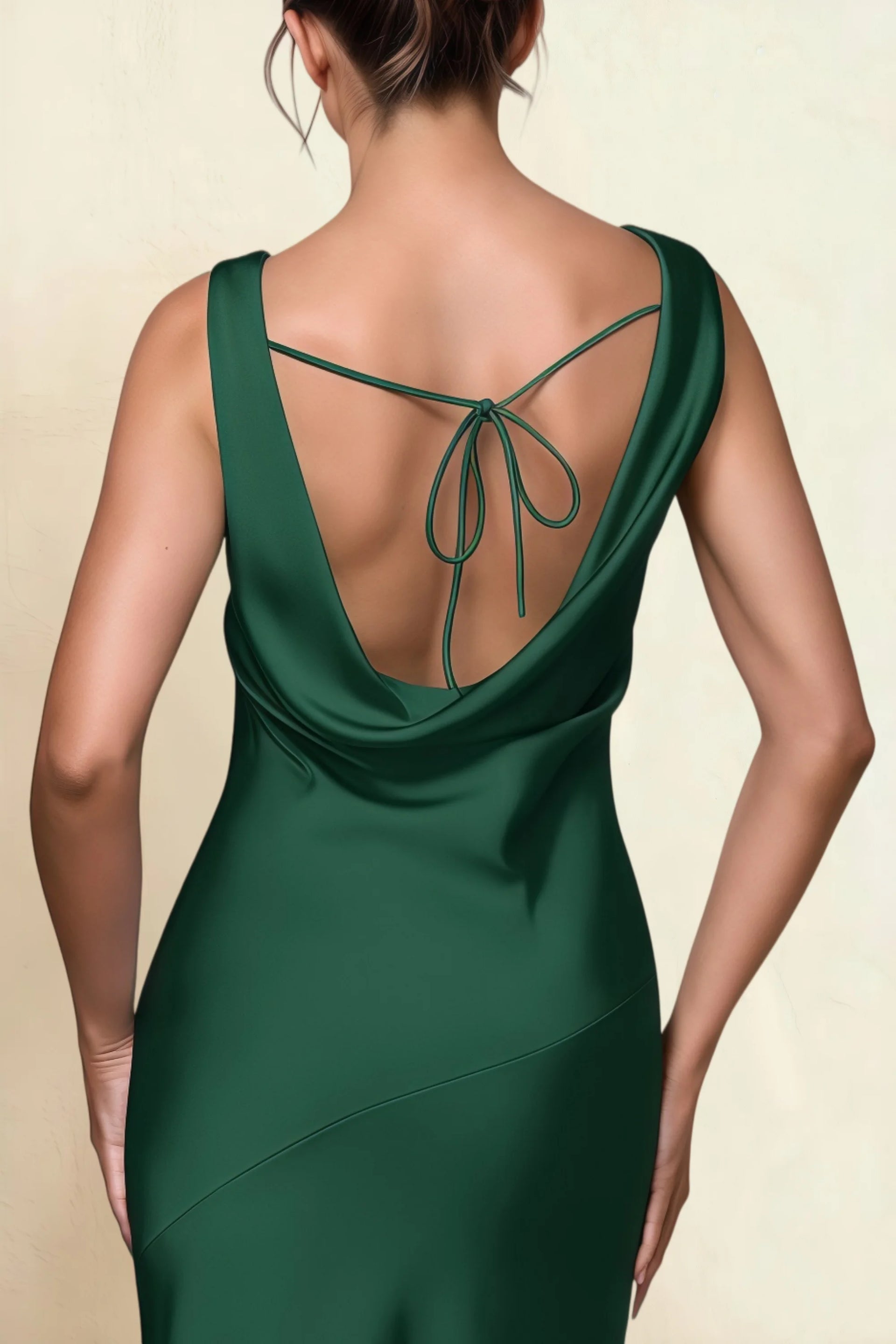 Alexis Emerald Green Satin Cowl Neck Tie-back Midi Dress