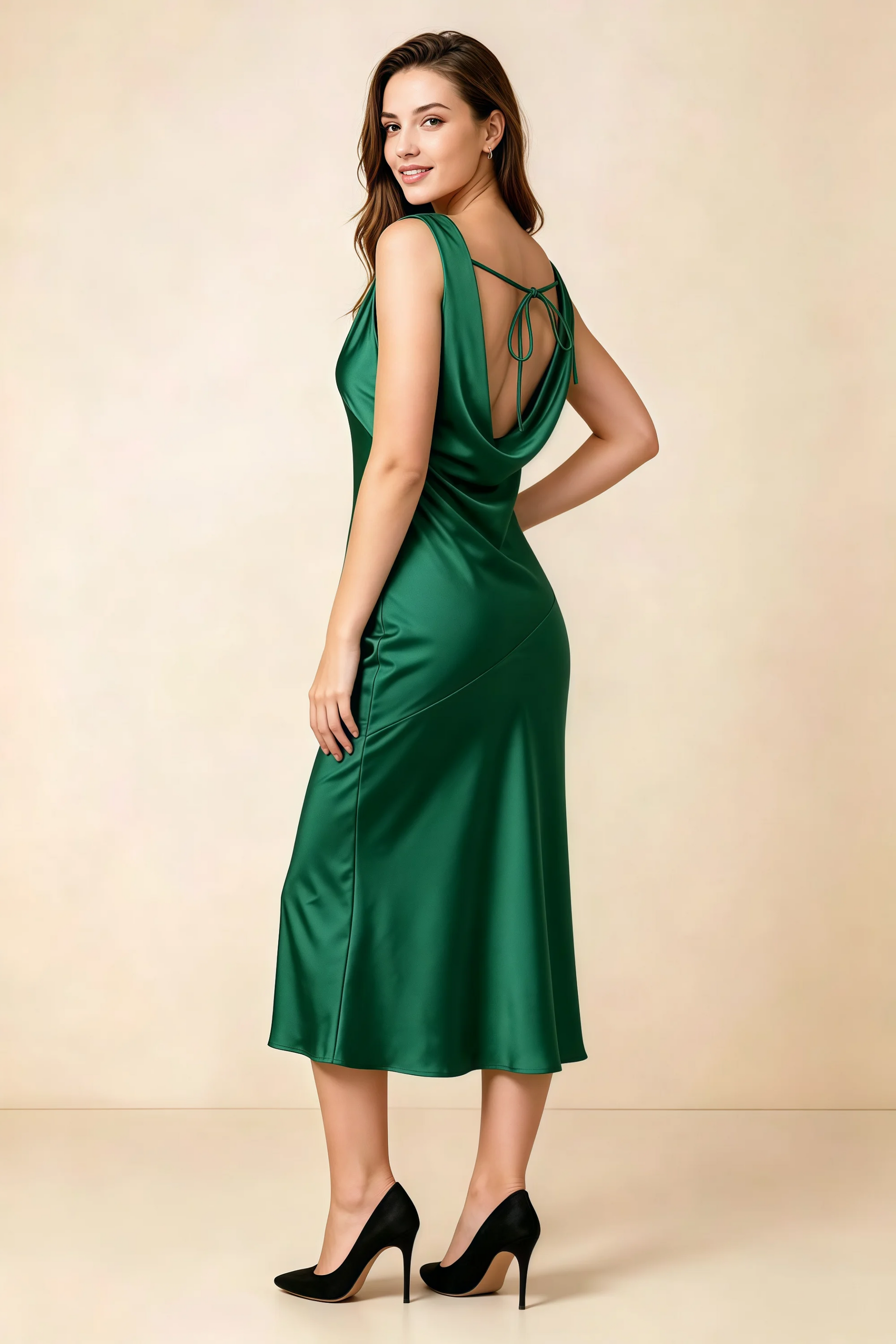 Alexis Emerald Green Satin Cowl Neck Tie-back Midi Dress
