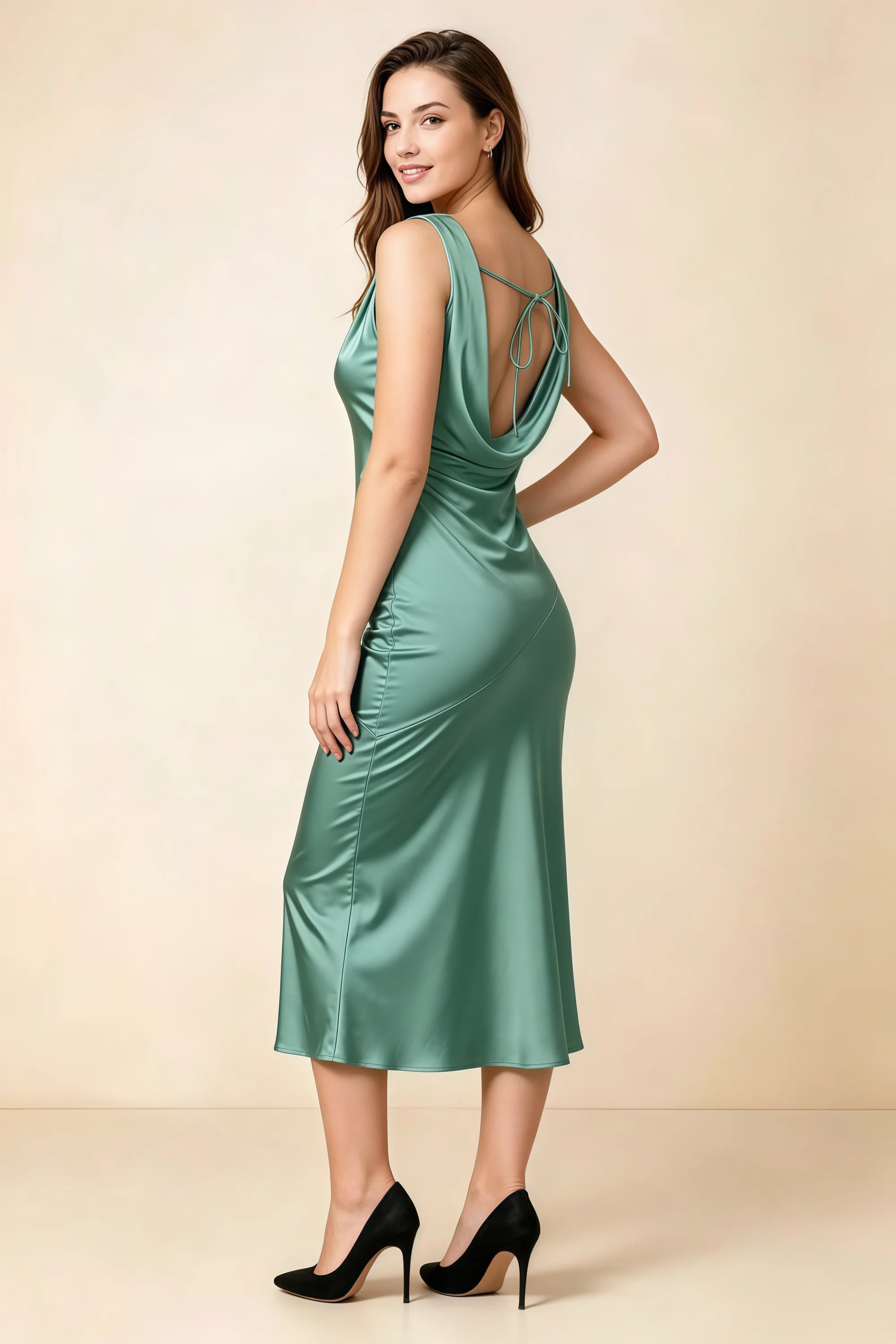 Alexis Eucalyptus Satin Cowl Neck Tie-back Midi Dress Imagen secundaria del producto