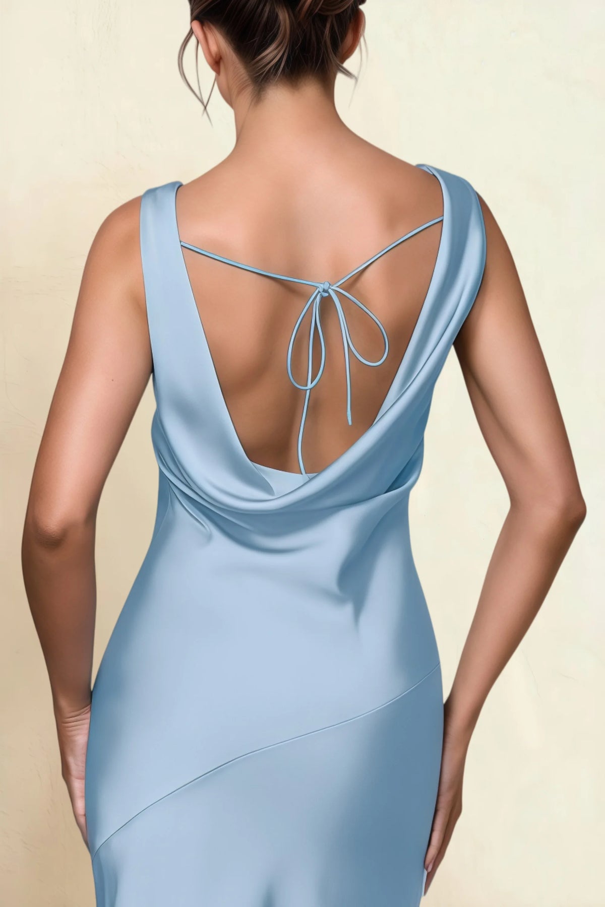 Alexis Haze Blue Satin Cowl Neck Tie-back Midi Dress